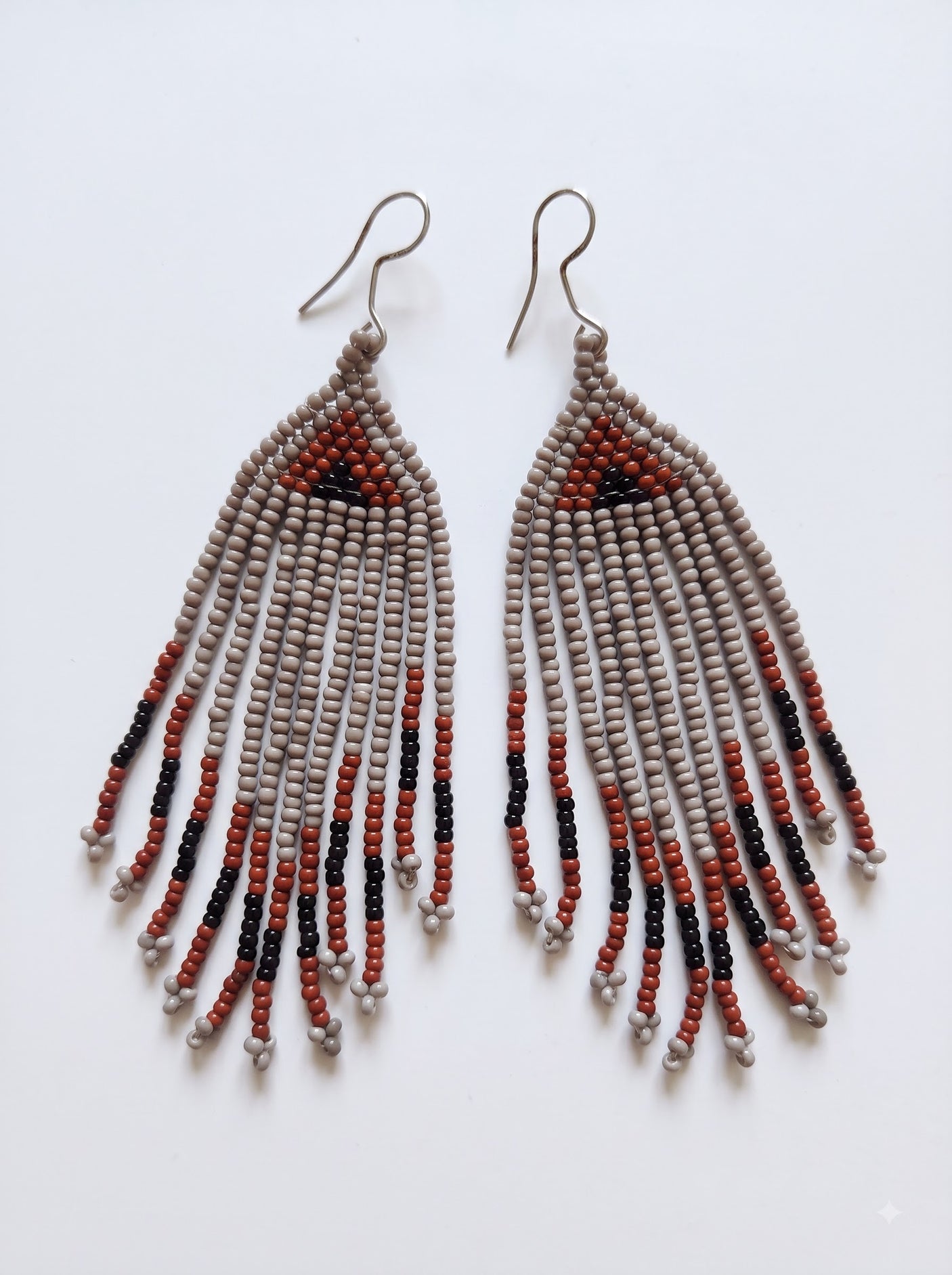 Muted Grey and Maroon Hand Beaded Dangler Earrings