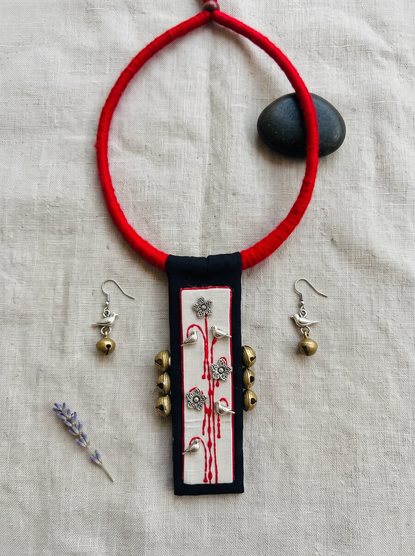 Bird and Ghungroo Charms Hand-Painted Fabric Choker Necklace Set