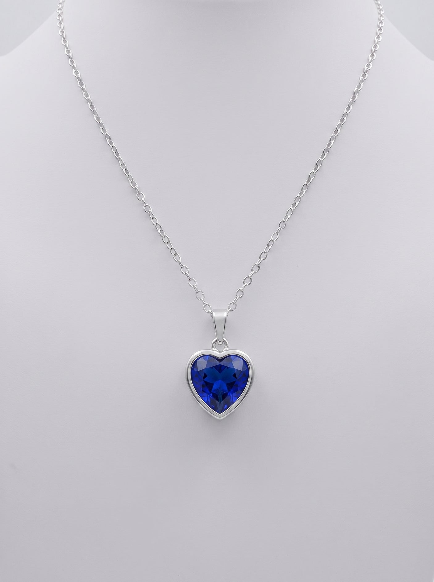 Sapphire Blue Heart Crystal Solitaire on Dainty Silver Chain Necklace
