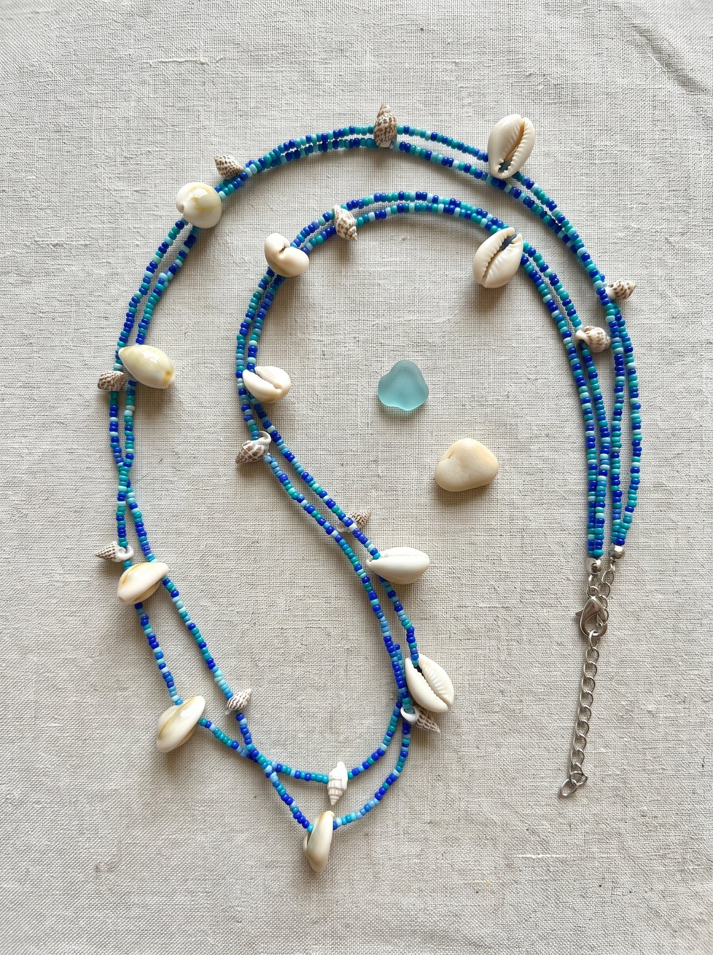Shades of Blue Beads and Cowrie Shells Boho Necklace