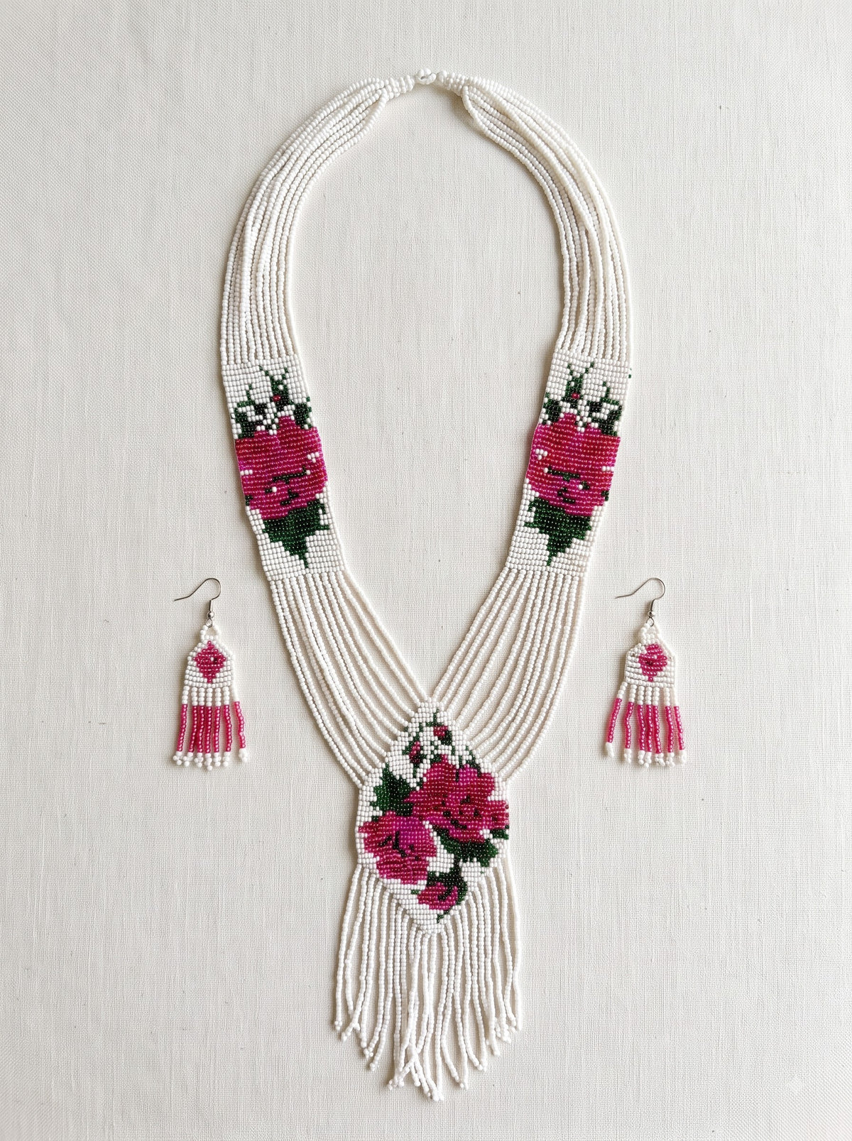 White and Pink Rose Hand Beaded Long Necklace Set