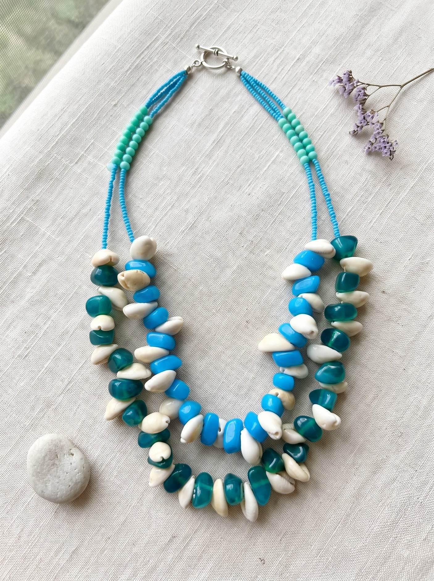 Turquoise Blue & White Shell Chip Double Strand Necklace