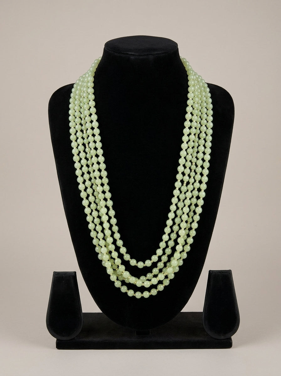 Multi Strand Sea Green Round Glass Bead Long Opera Necklace