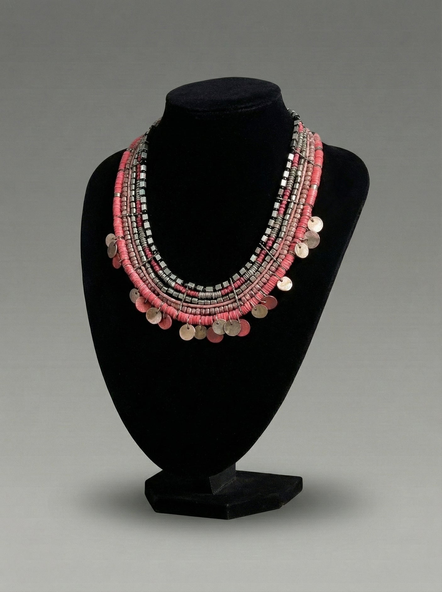 Multi-Strand Pink & Gunmetal Seed Bead Collar Necklace with Coin Drops