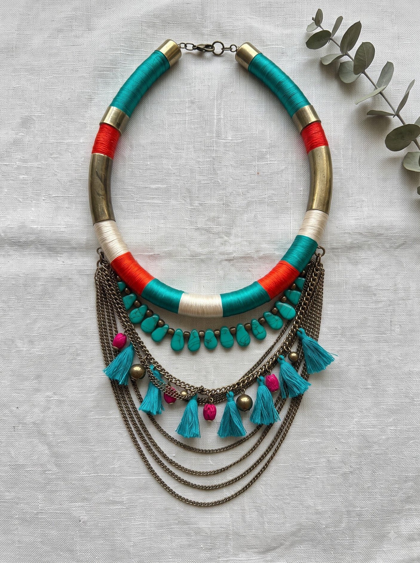Teal Orange & White Colour Block Thread Wrapped Collar Necklace