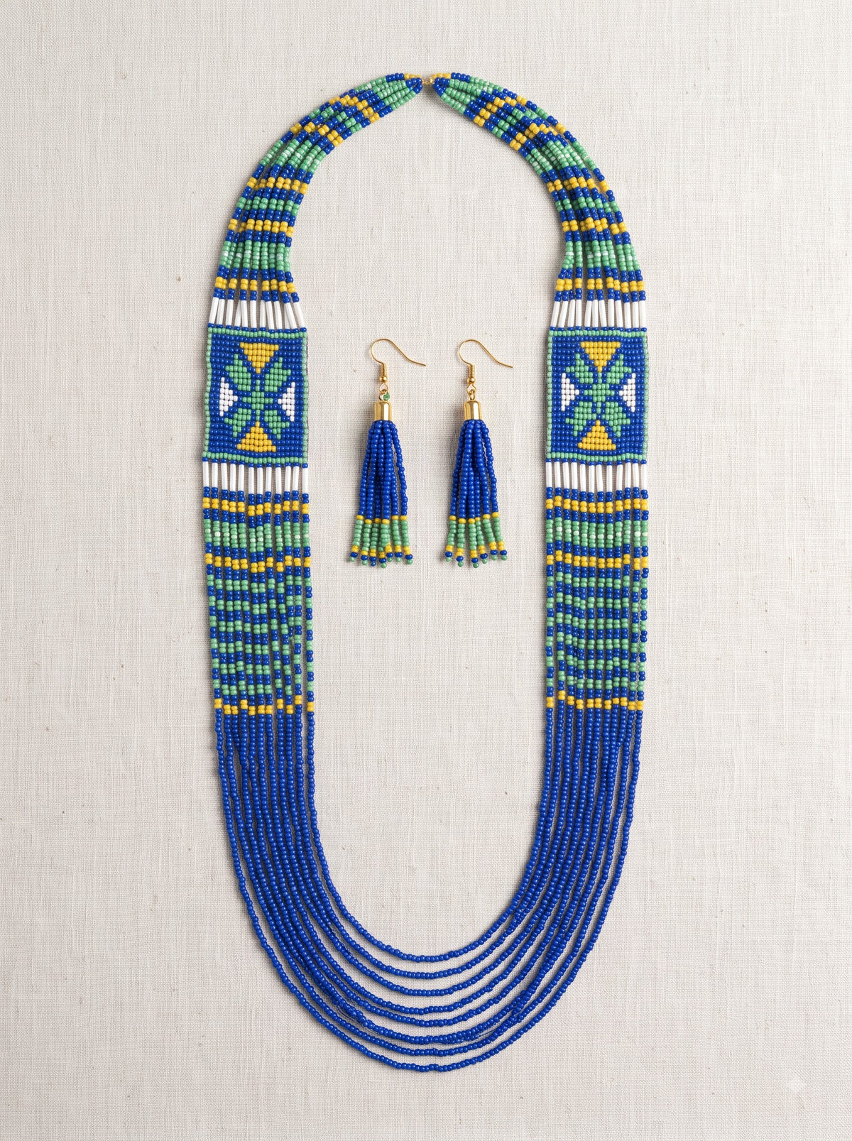 Blue and Green Hand Beaded Long Necklace Set