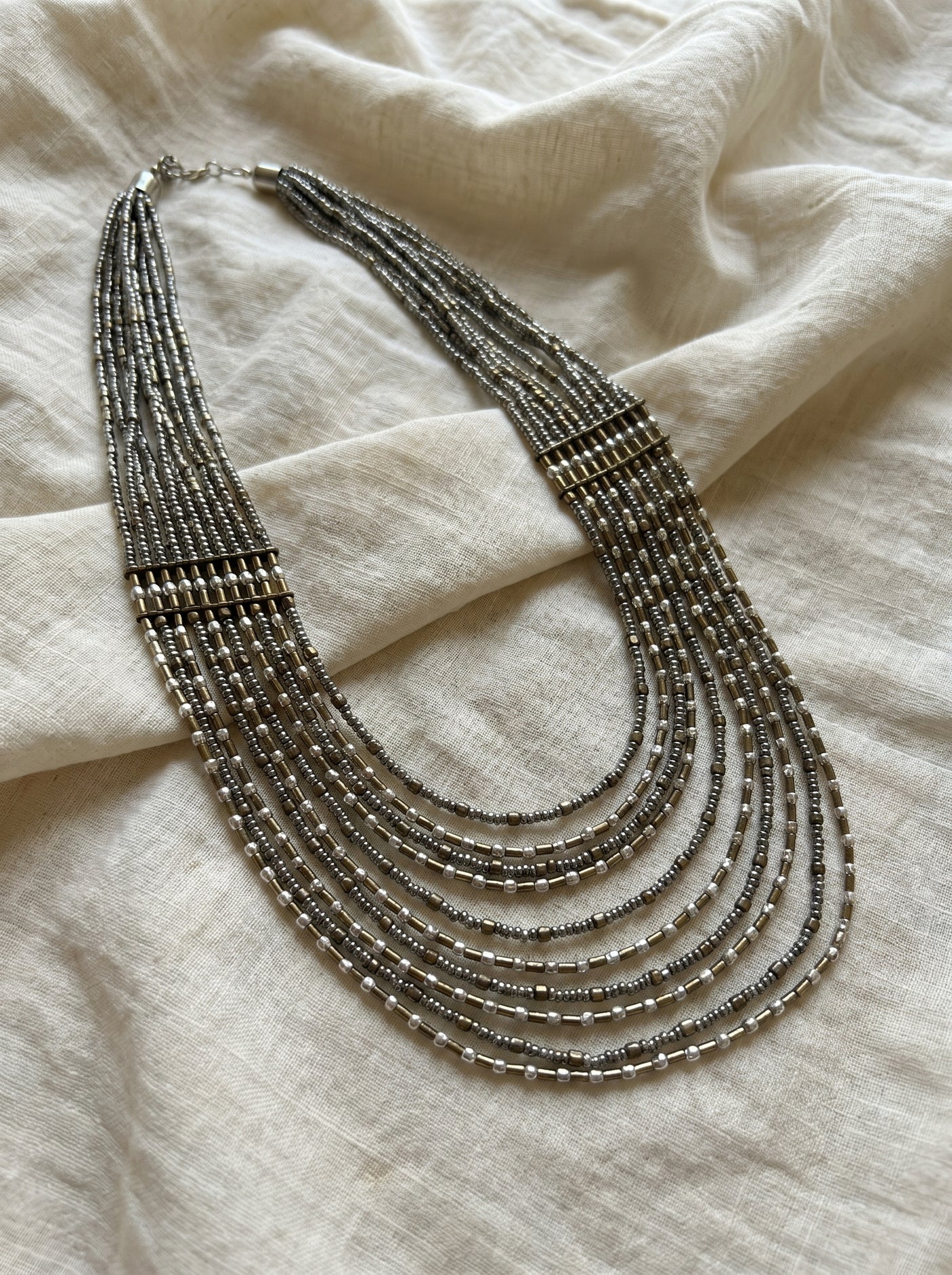 Silver and Bronze Metal Beads Multi Layer Statement Necklace