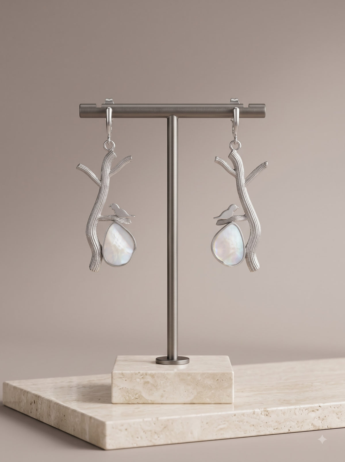 Silver Metal and Gemstone Bird Dangler Earrings
