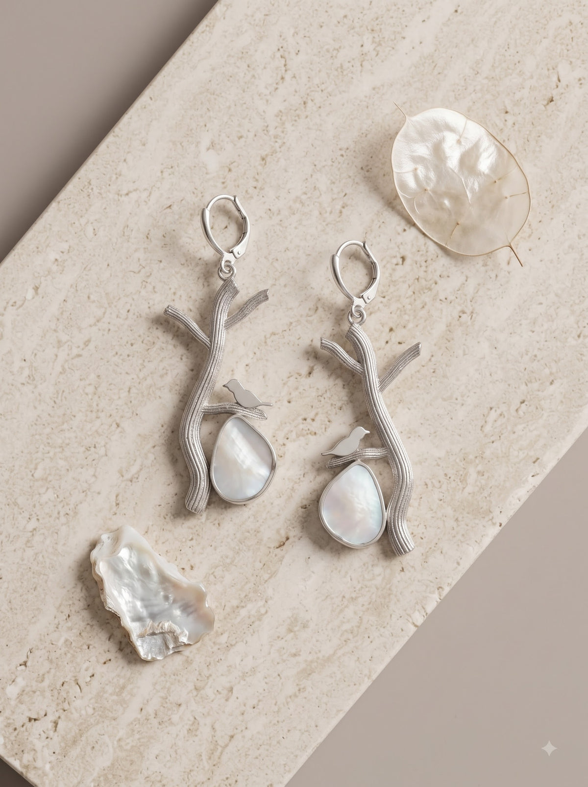 Silver Metal and Gemstone Bird Dangler Earrings