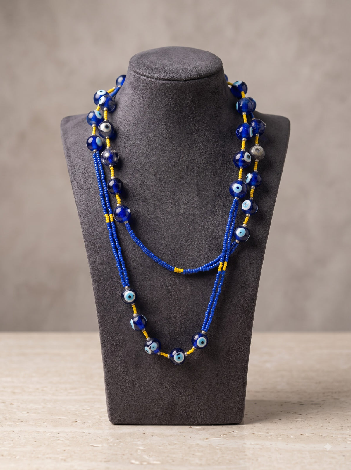 Evil Eye Hand Braided with Blue Beads Long Necklace