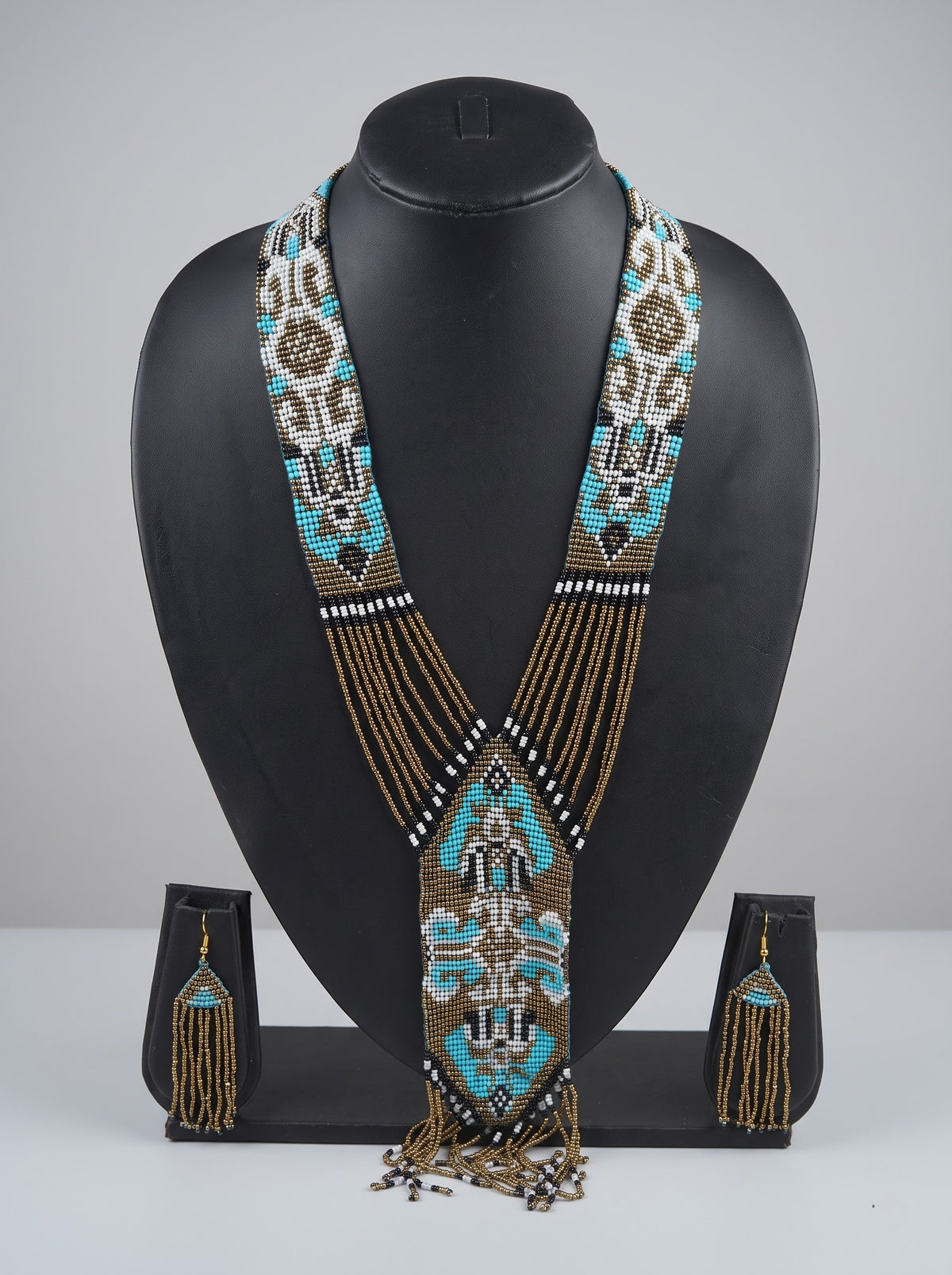 Bronze and Blue Hand Beaded Long Necklace Set