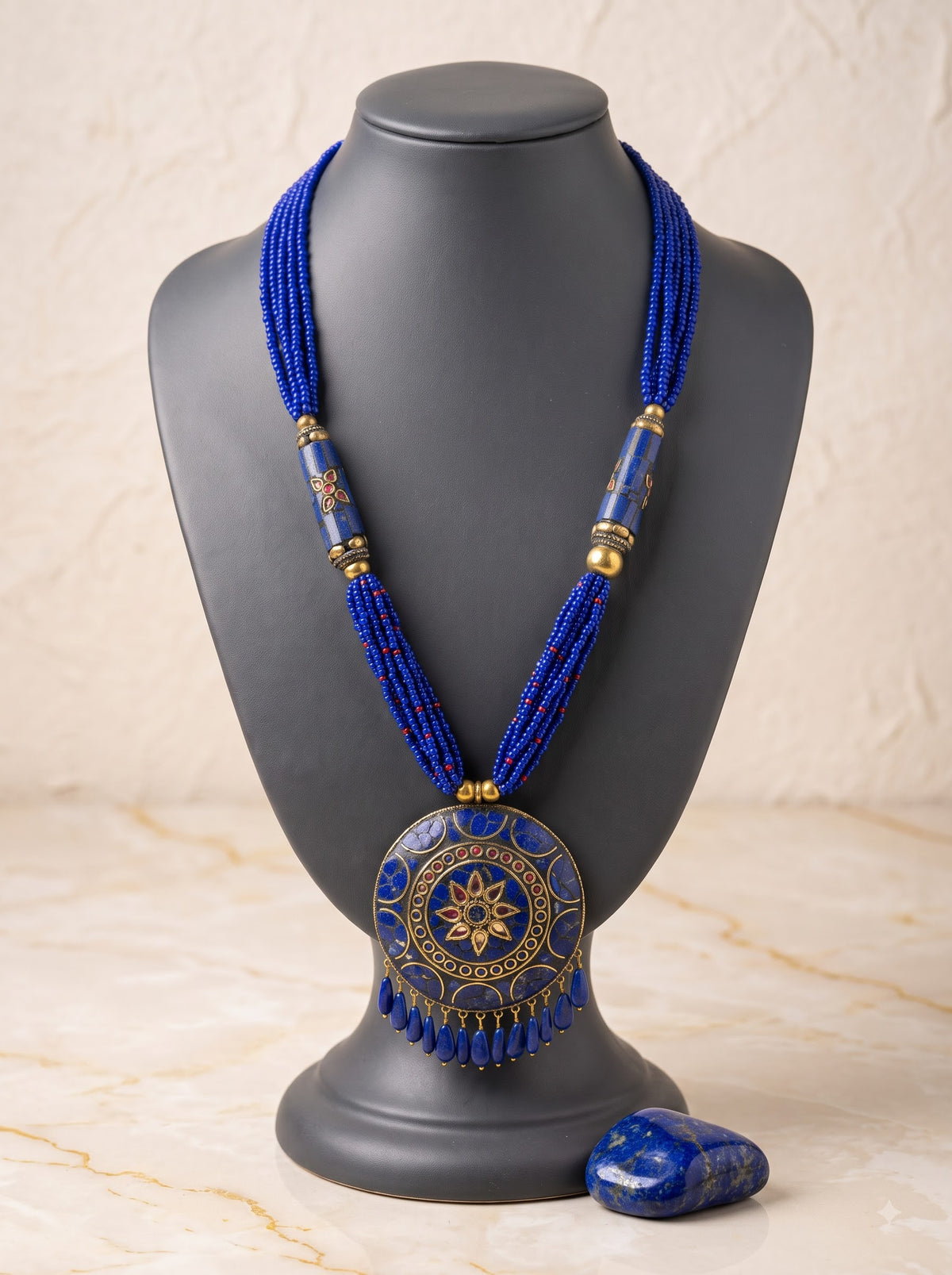 Boho Blue Tibetan Mosaic Circular Pendant Statement Necklace