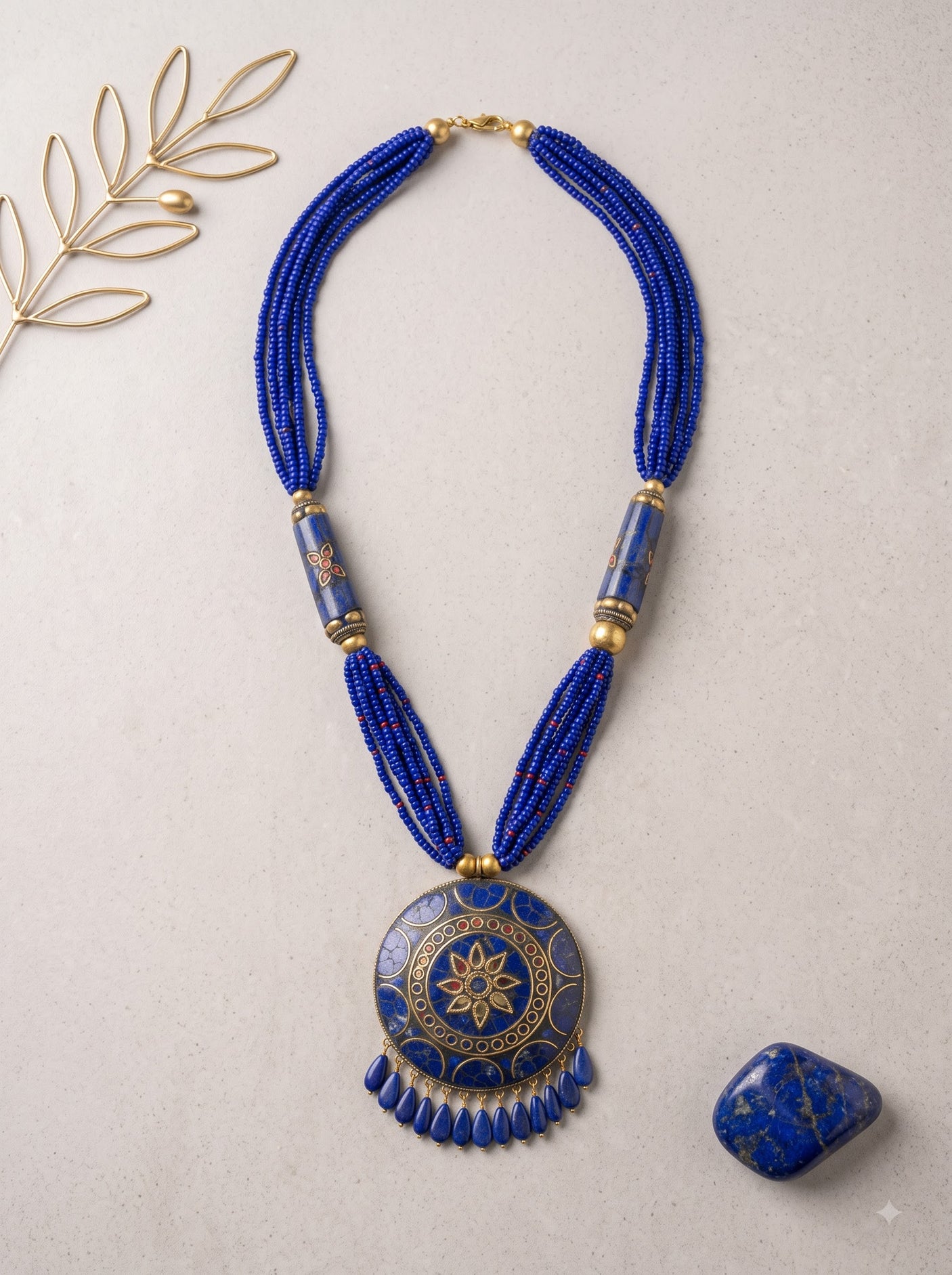 Boho Blue Tibetan Mosaic Circular Pendant Statement Necklace
