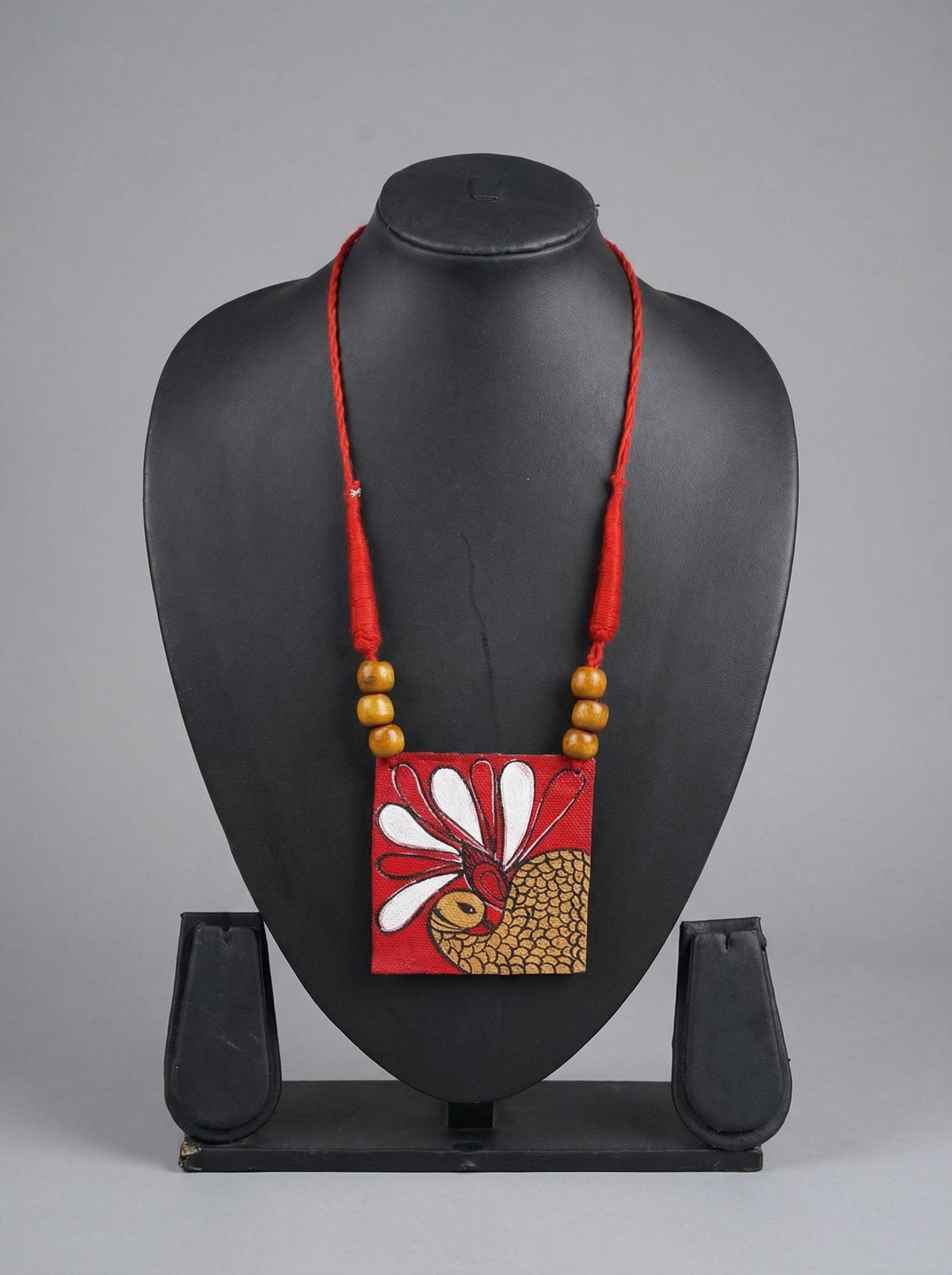 Red and Gold Peacock Hand Painted Fabric Necklace