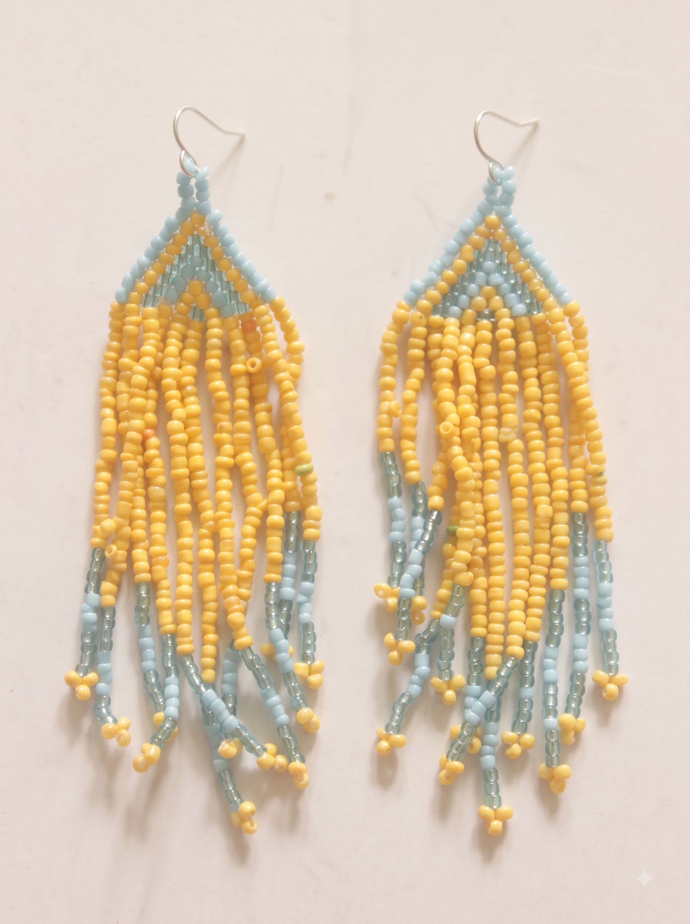 Yellow and Blue Hand Beaded Dangler Earrings