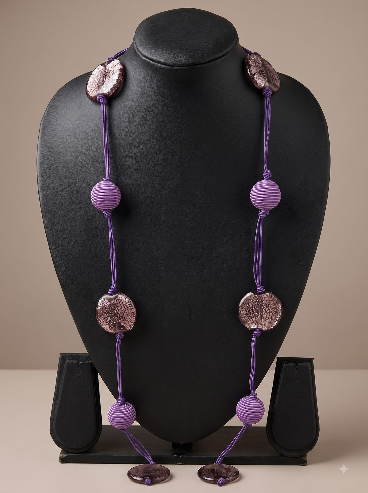 Purple Fabric Balls and Glass Beads Long Boho Necklace