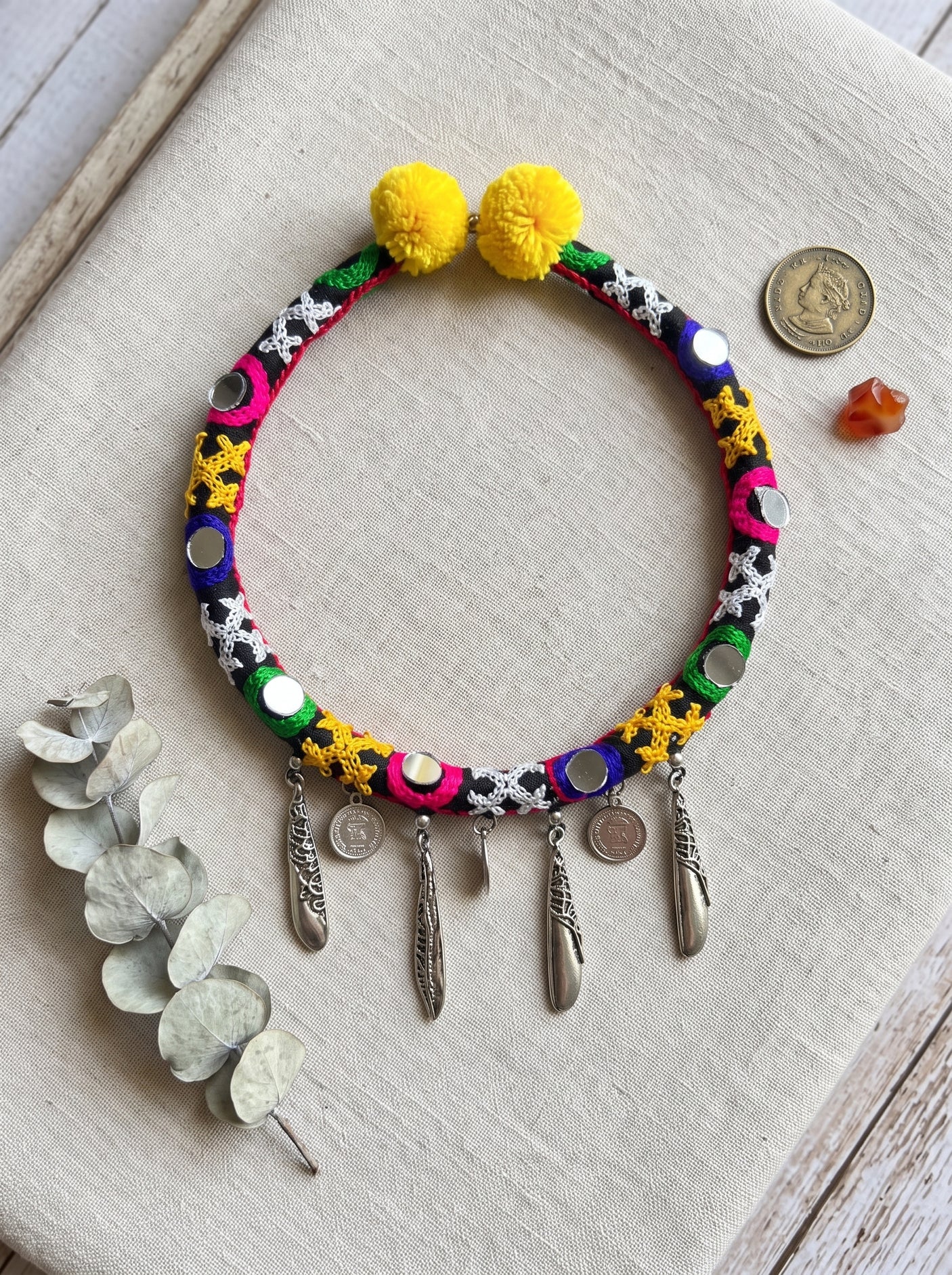 Intricately Hand Embroidered Multi-Color Mirror and Fabric Choker Necklace with Metal Accents