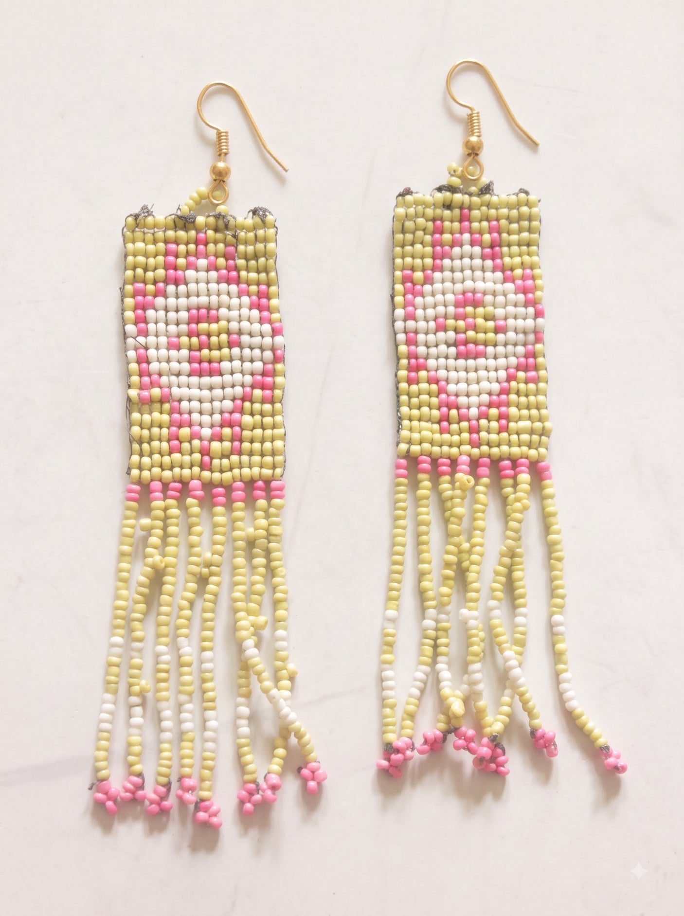Lemon Yellow and Pink Hand Beaded Dangler Earrings