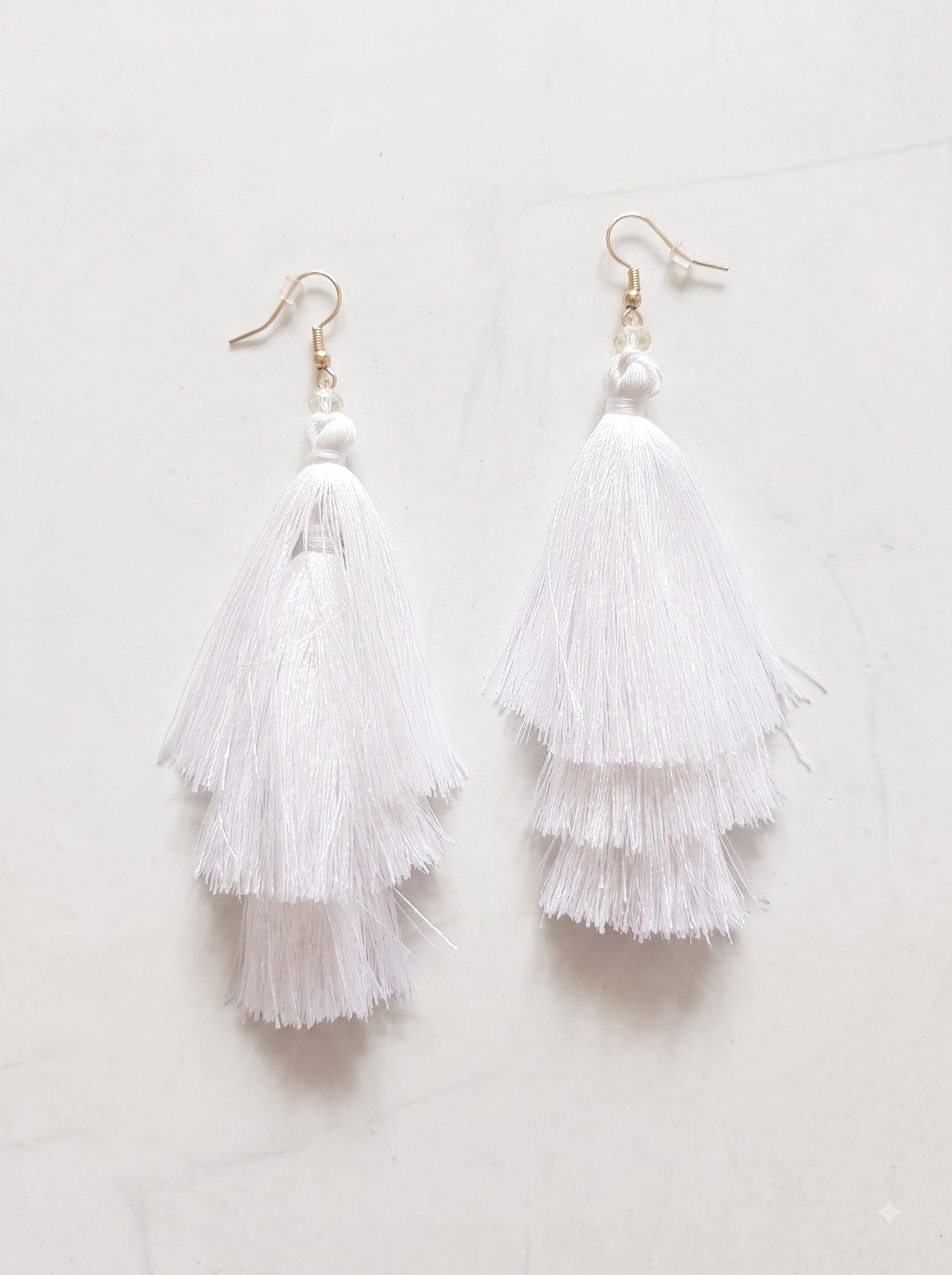 White Fabric Pom Pom Dangler Earrings