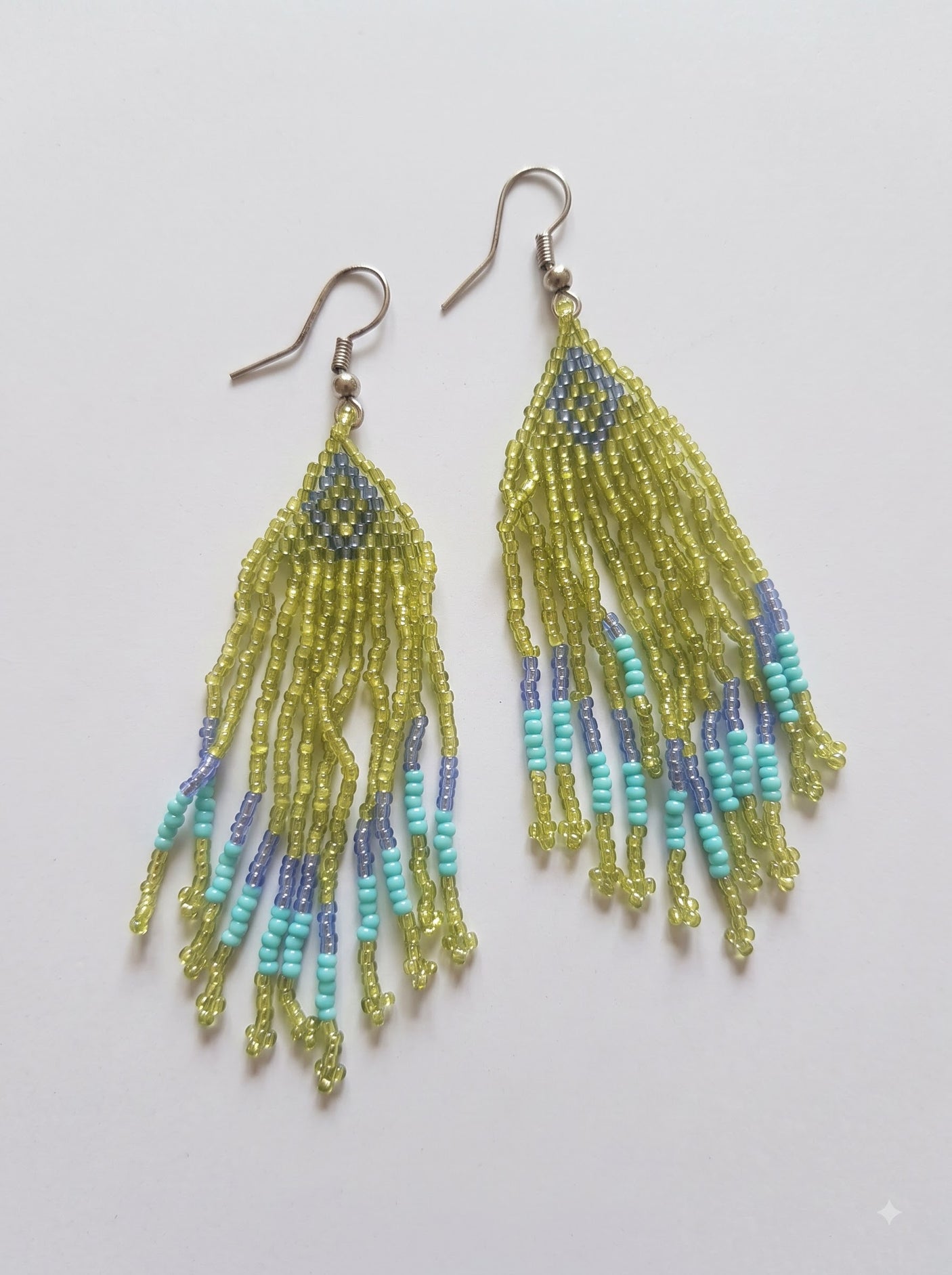 Green and Blue Glass Beads Hand Beaded Dangler Earrings