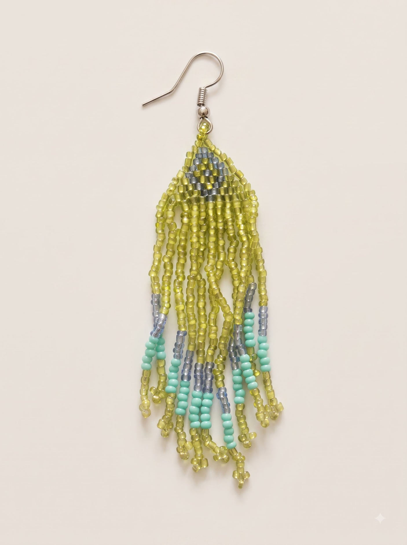 Green and Blue Glass Beads Hand Beaded Dangler Earrings
