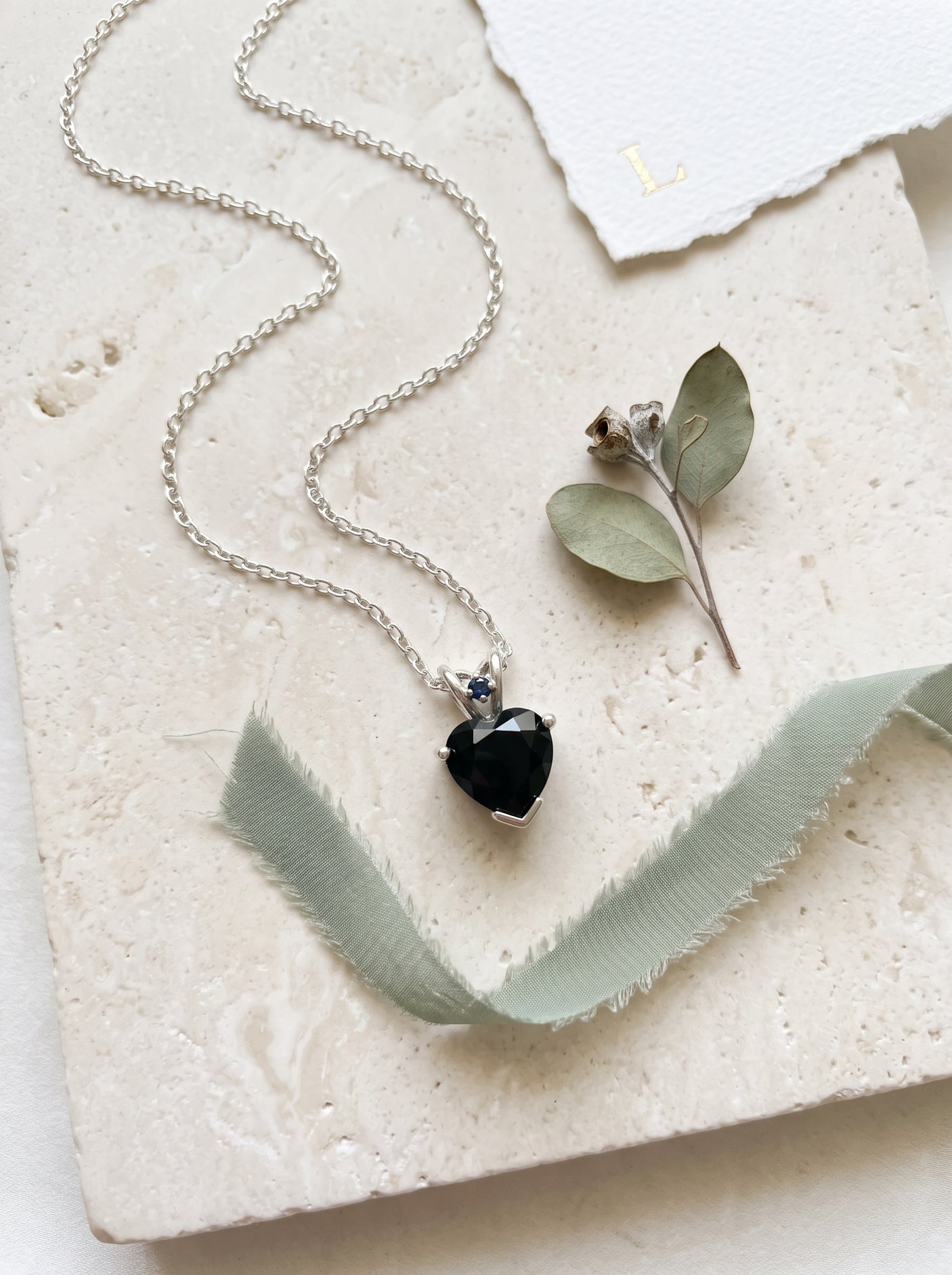 Midnight Heart Black Crystal Heart Solitaire on Dainty Silver Chain Necklace