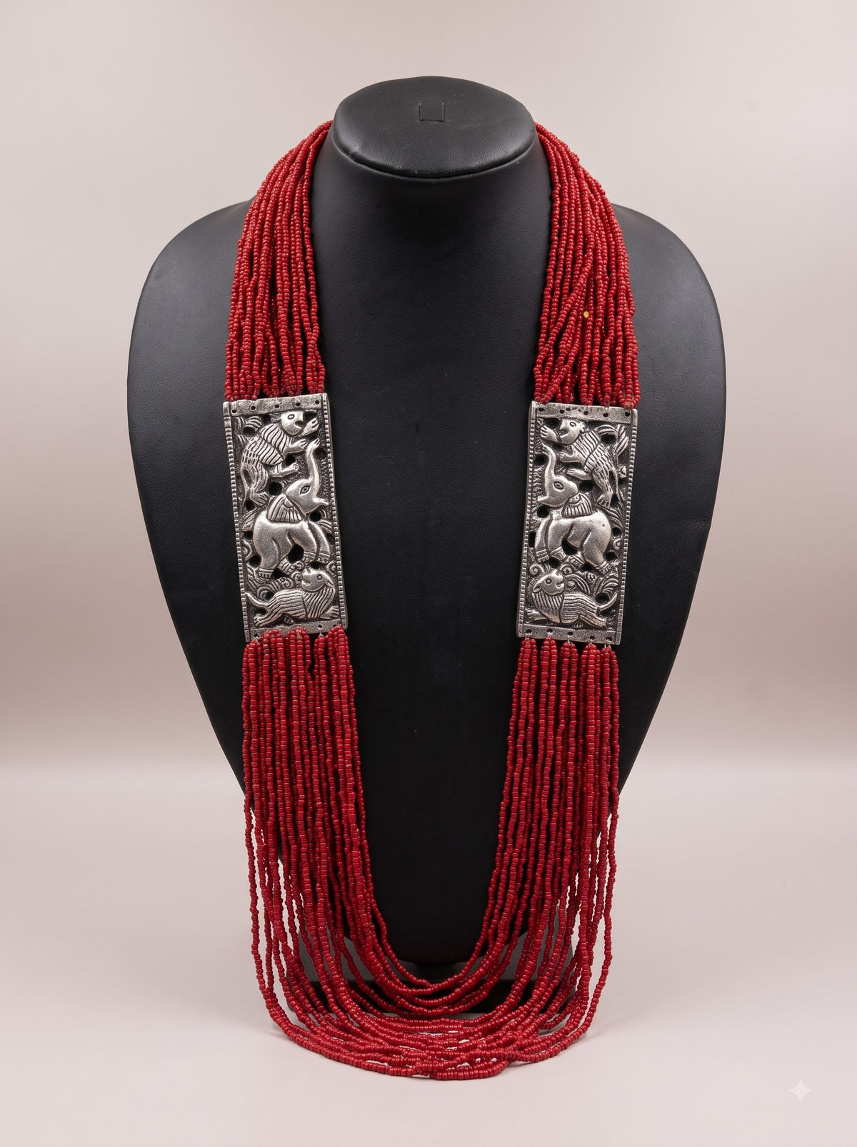 Coral Seed Beads Elephant Motif Matt Gold Finish Necklace
