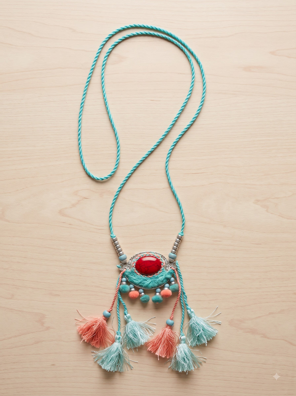 Fabric Pom Poms and Red Center Stone Long Handmade Necklace