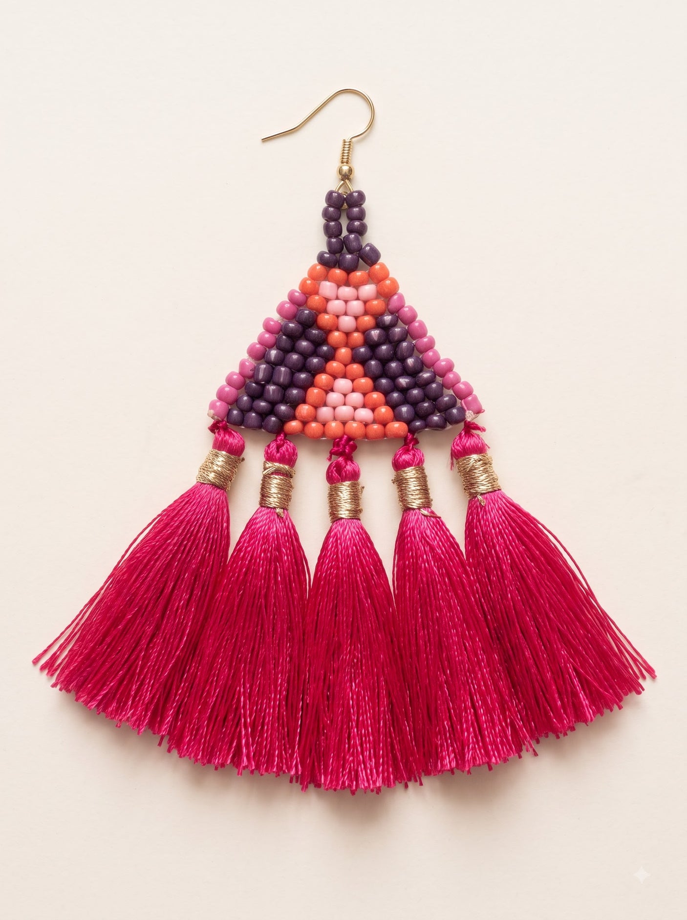 Pink Fabric Pom Pom and Beads Dangler Earrings