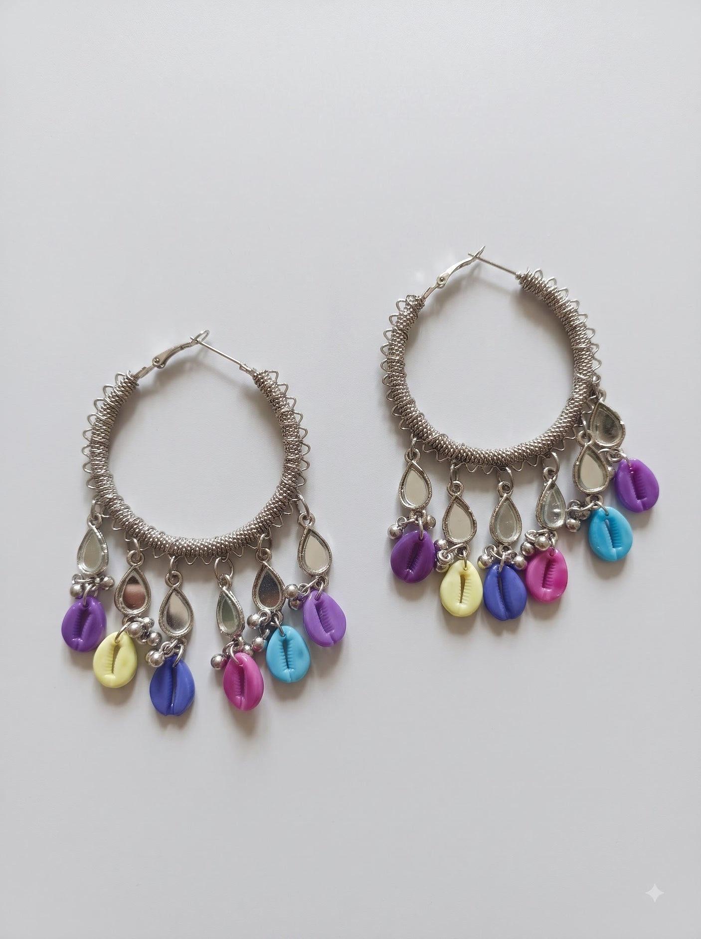Mirror and Multi Color Shells Oxidised Finish Hoop Earrings