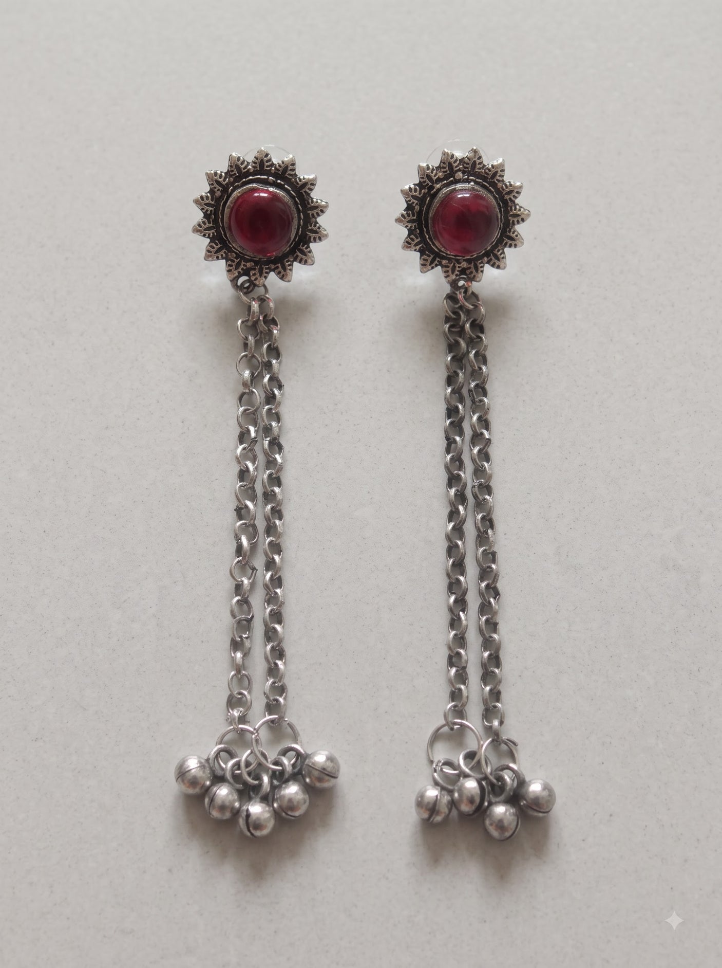 Red Center Stone Oxidised Long Chain Earrings