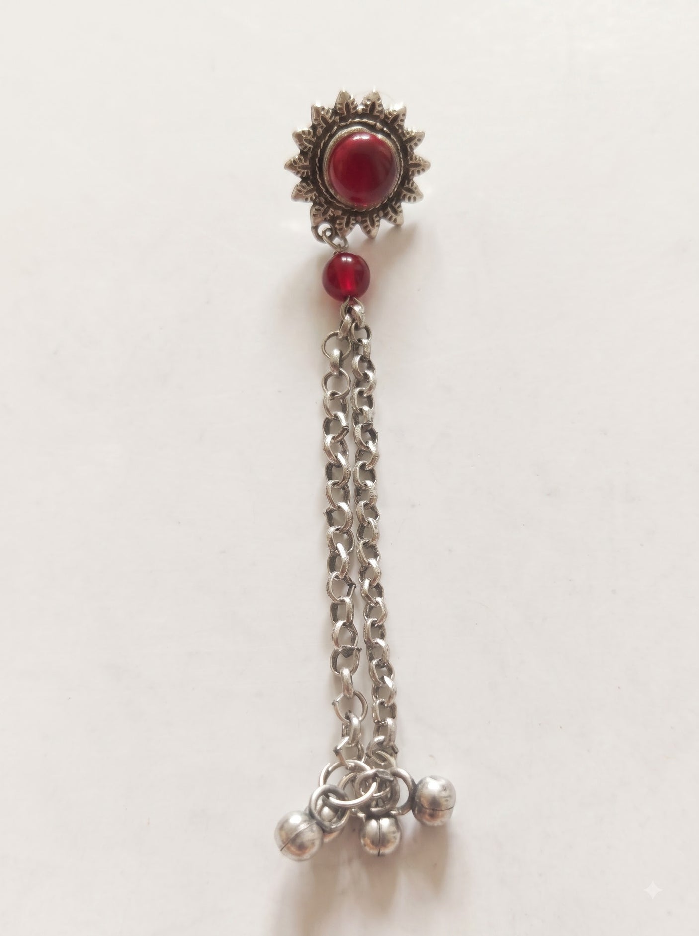 Red Center Stone Oxidised Long Chain Earrings