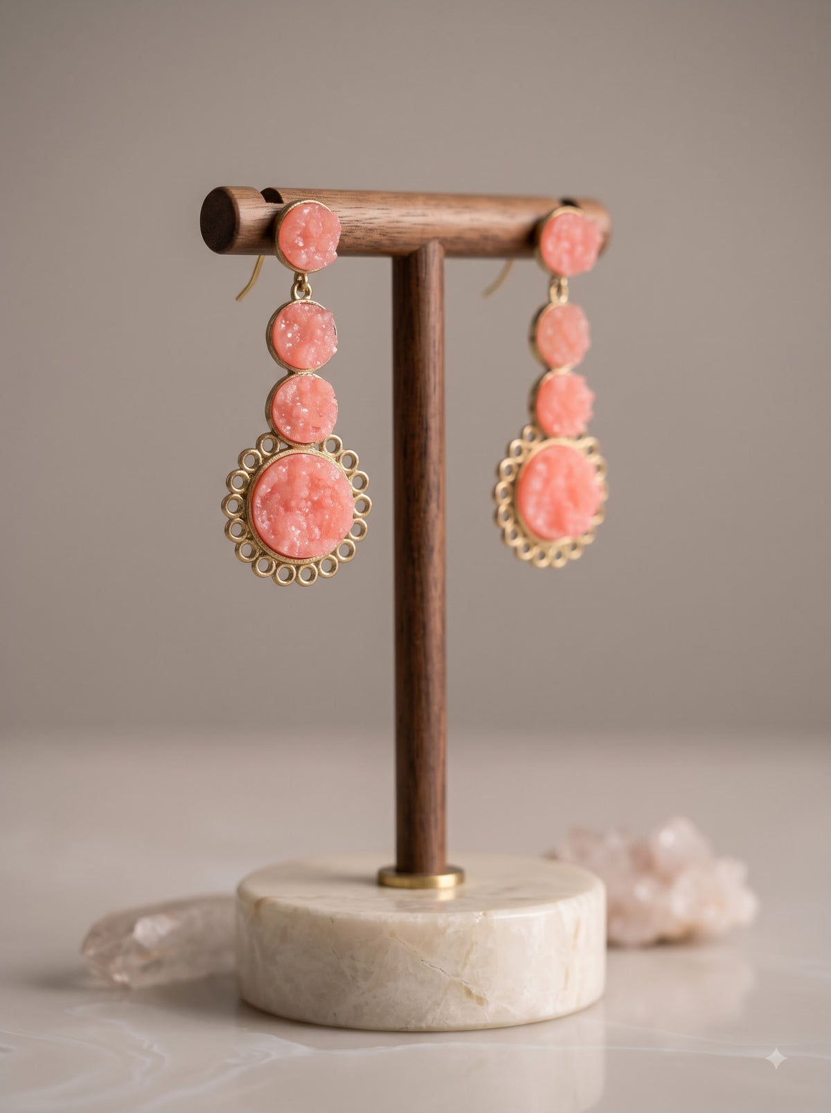 Peach Druzy Gemstone and Metal 3 Layer Gold Finish Earrings