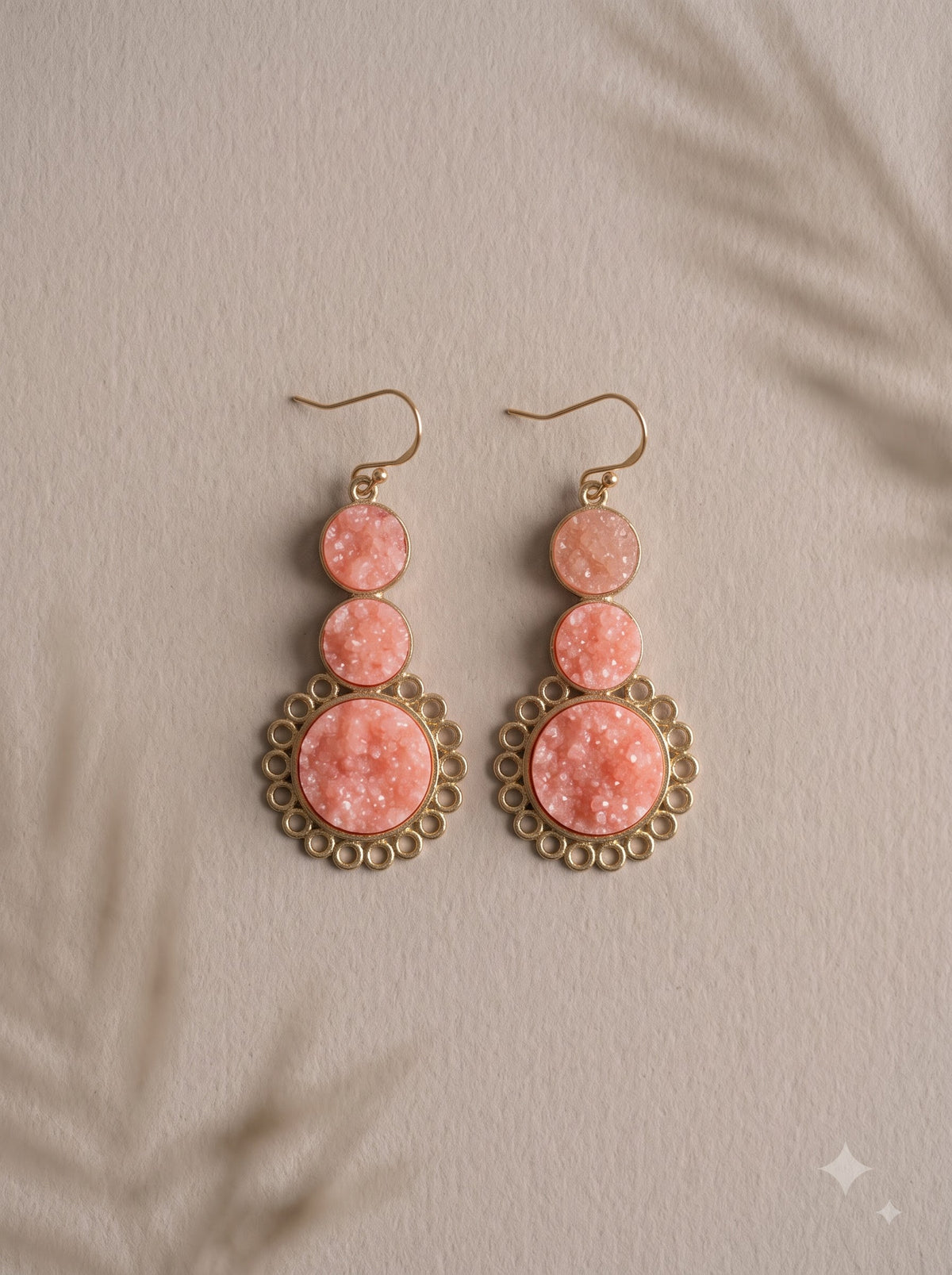 Peach Druzy Gemstone and Metal 3 Layer Gold Finish Earrings