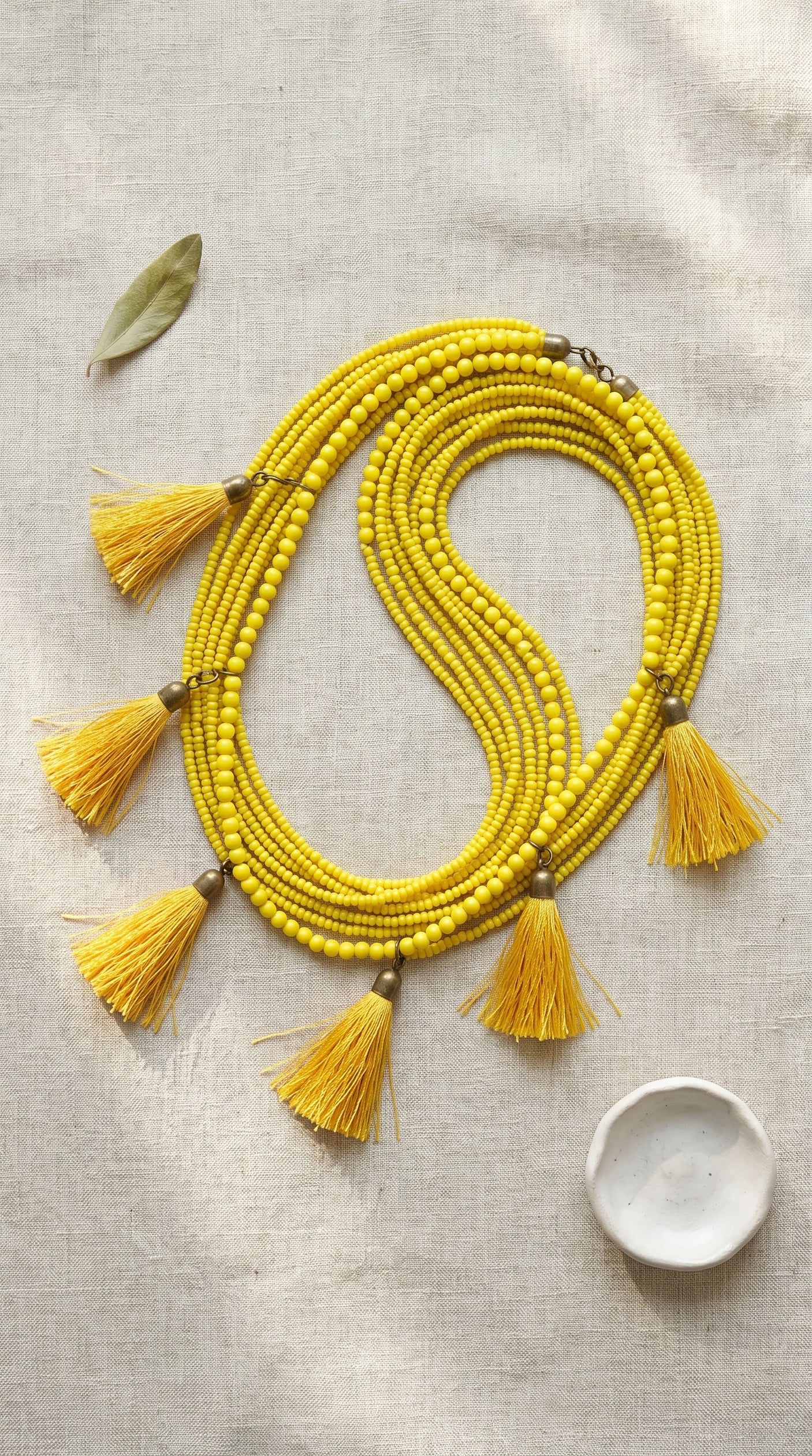 Yellow Beaded Multi-Layer Handmade Boho Necklace with Pom Pom Details