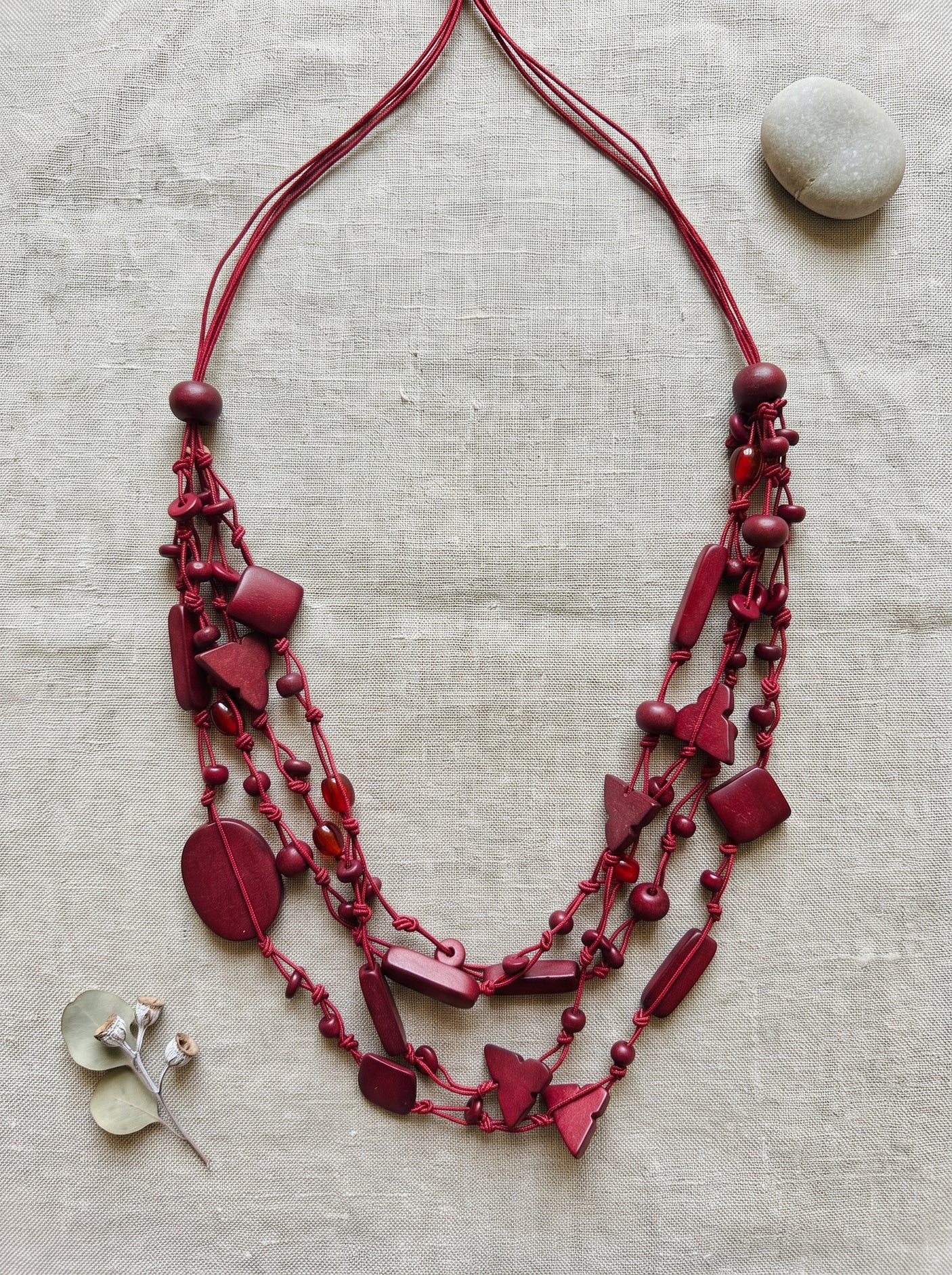 Wine Color Boho Beads and Rope Handmade Necklace