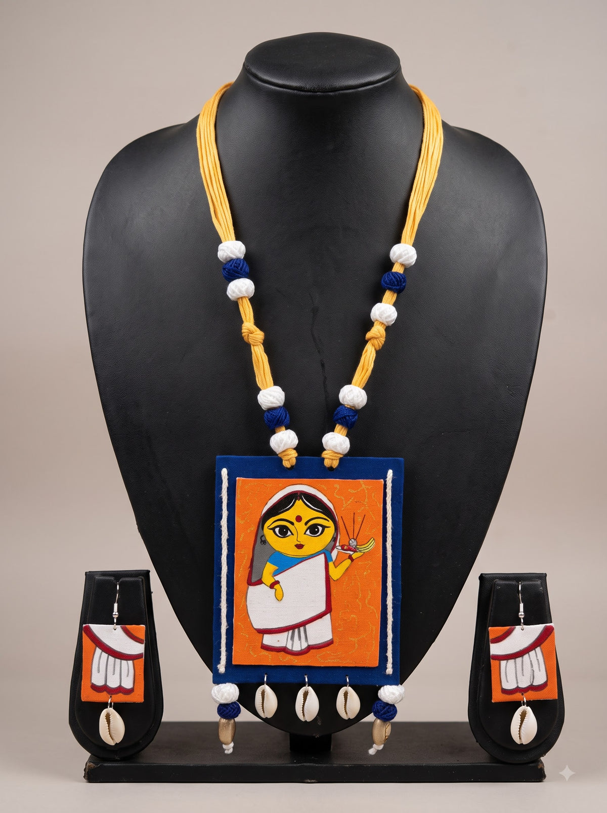 Traditional Woman in a Saree Hand Painted Fabric Necklace Set