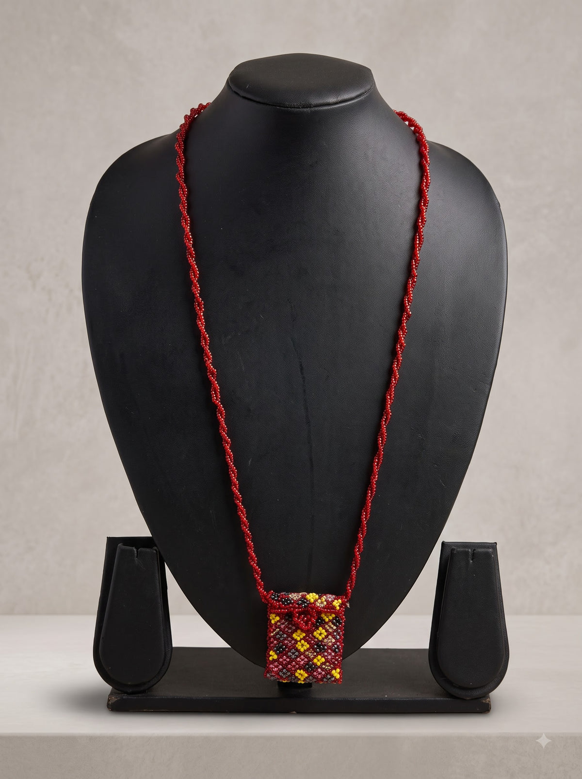 Hand Beaded Long Red Necklace with Statement Pendant