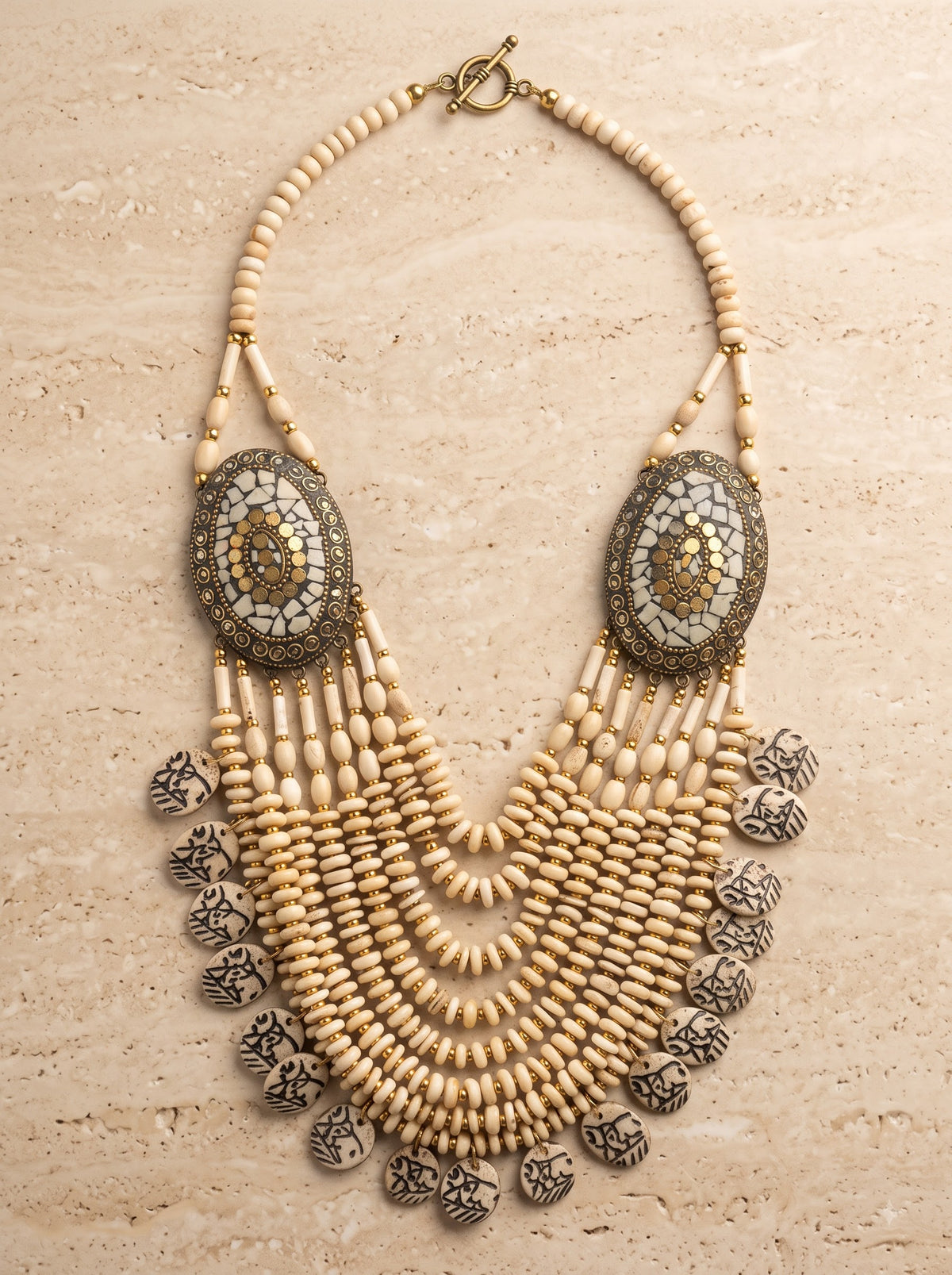 Ivory Bone Beads Quirky Statement Necklace with Mosaic Details