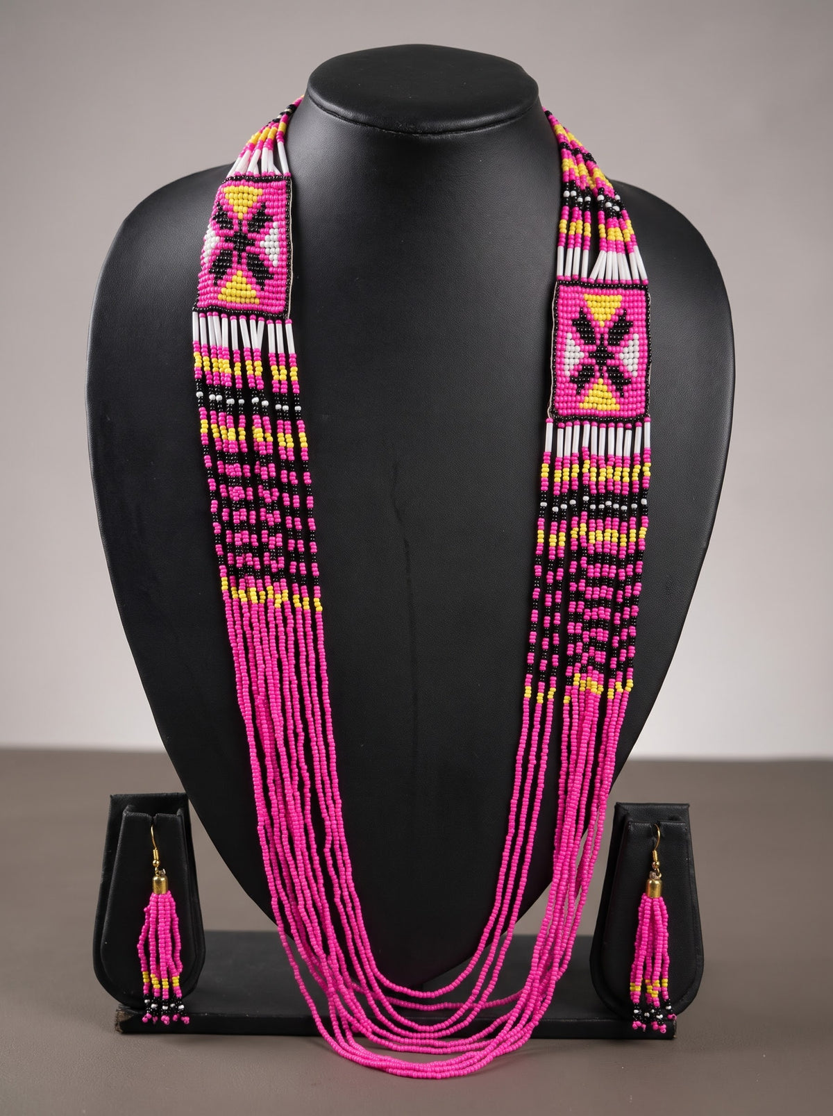 Pink and Multi-Color Hand Beaded Long Necklace Set
