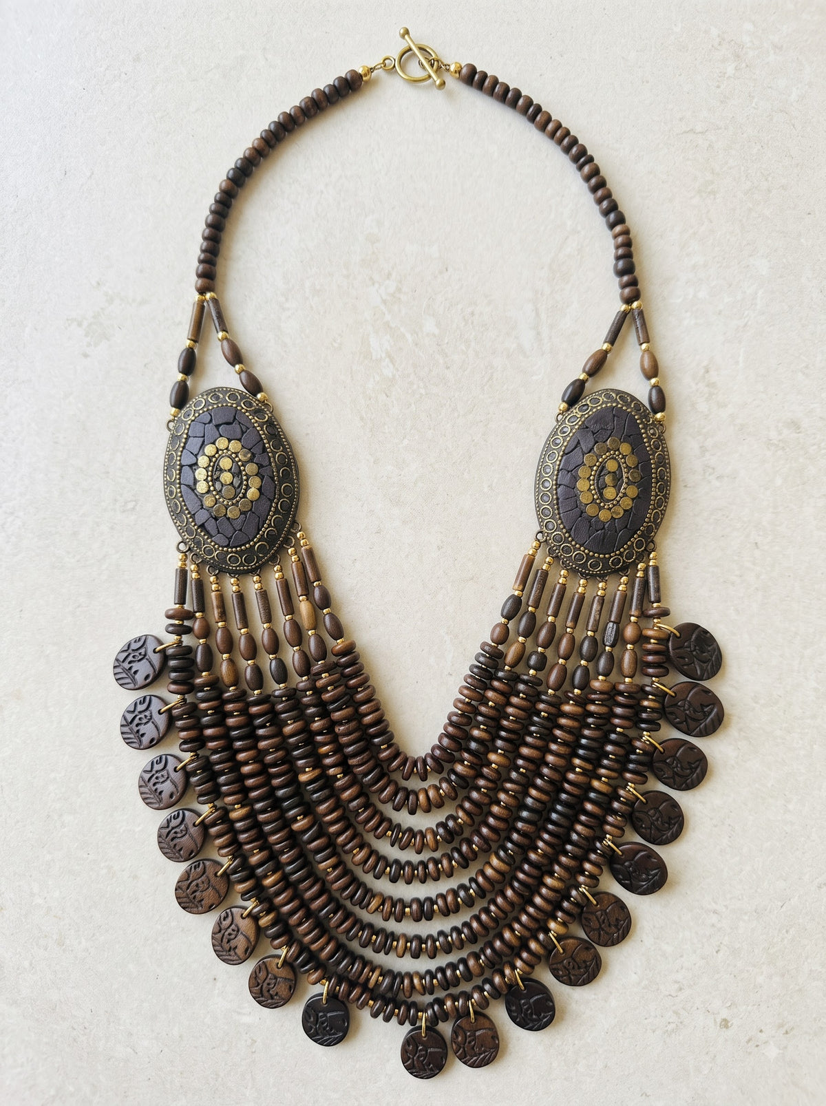 Brown Bone Beads Quirky Statement Necklace with Tibetan Mosaic Details