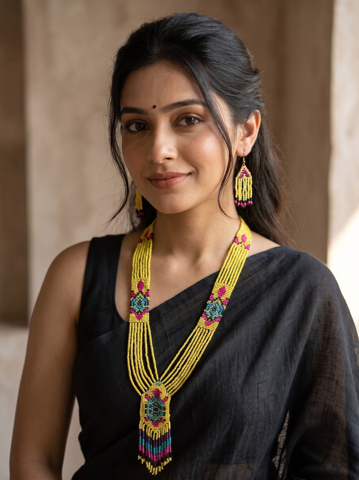 Yellow, Pink and Blue Hand Beaded Long Necklace Set