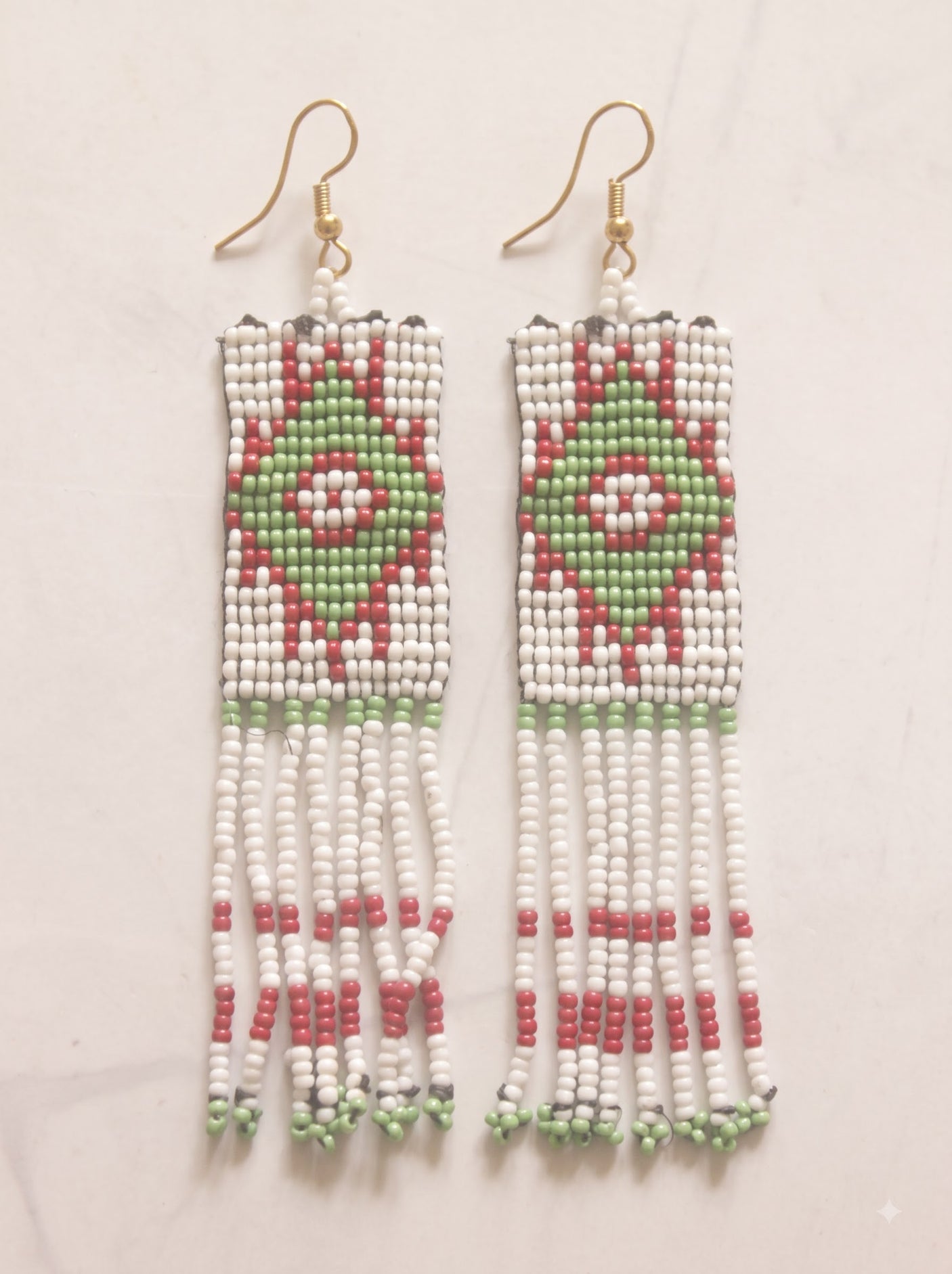 Off-White, Green and Red Hand Beaded Dangler Earrings