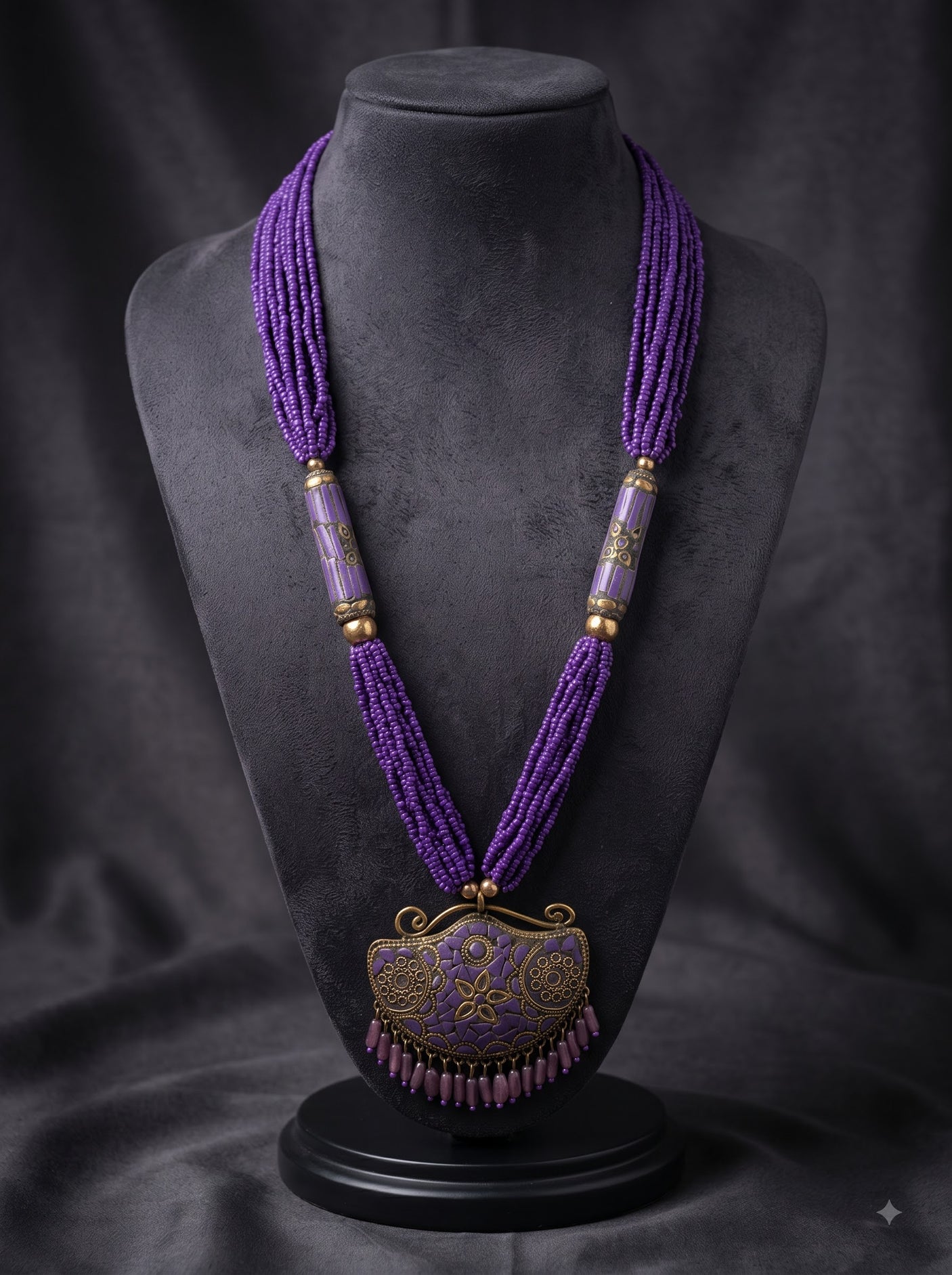 Boho Purple Tibetan Mosaic Crescent Pendant Statement Necklace