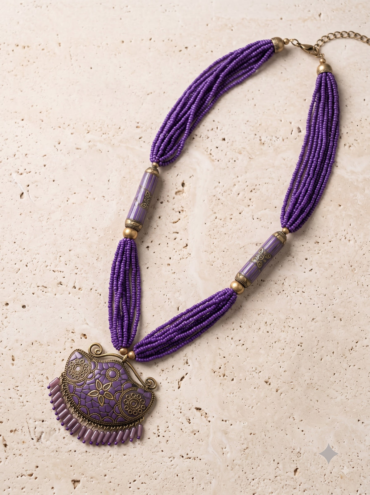 Boho Purple Tibetan Mosaic Crescent Pendant Statement Necklace