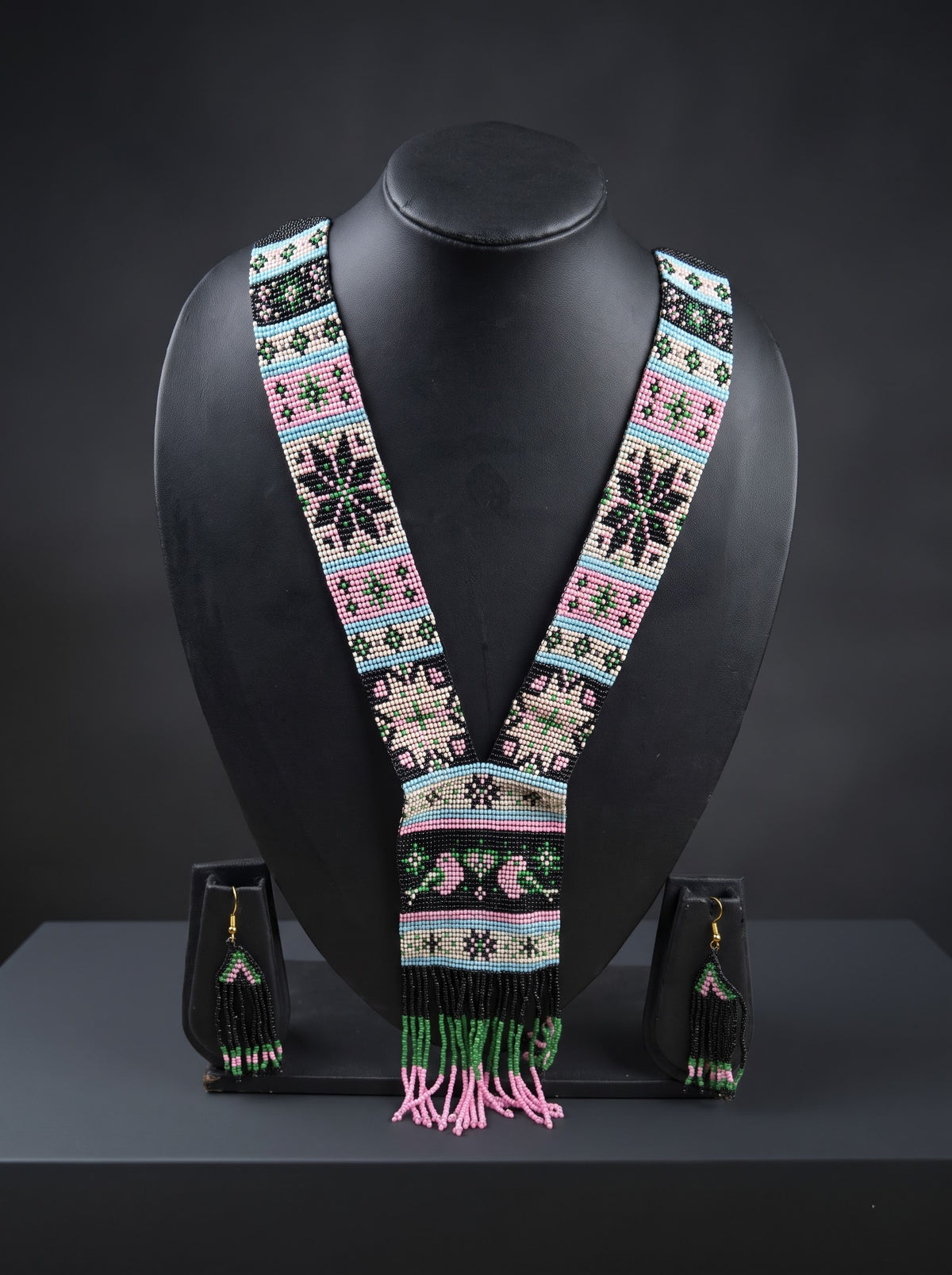Multi-Color Bird Motif Hand Beaded Long Necklace Set