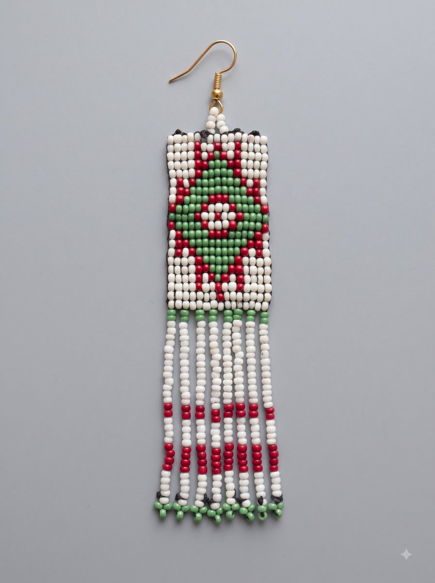 Off-White, Green and Red Hand Beaded Dangler Earrings