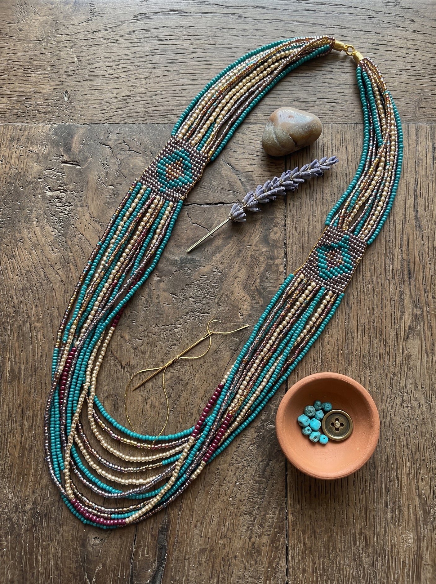 Blue, Bronze and Gold Multi Layer Bohemian Beaded Necklace