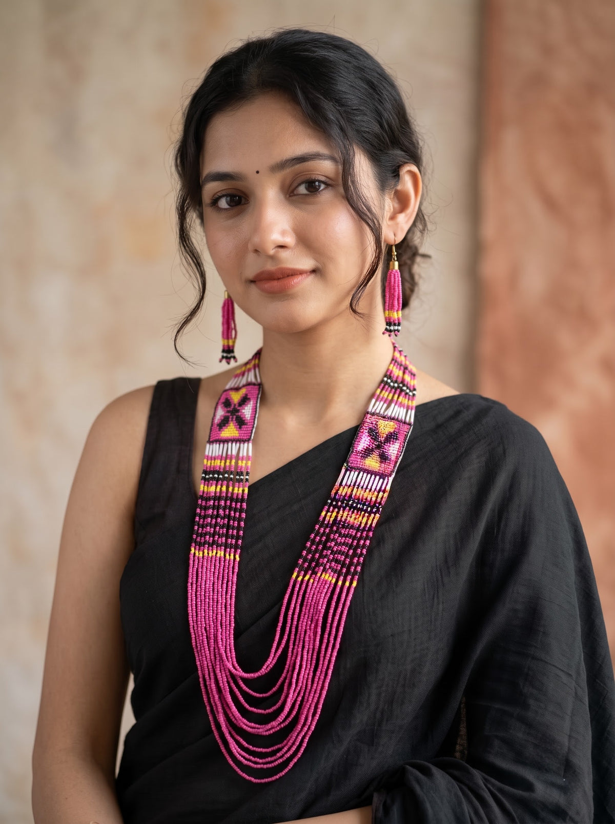 Pink and Multi-Color Hand Beaded Long Necklace Set