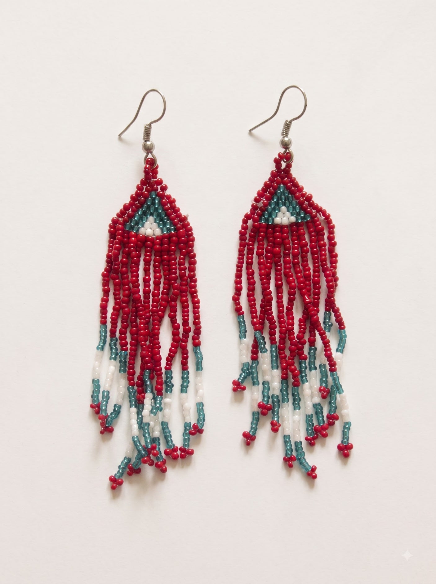 Red and Blue Hand Beaded Dangler Earrings